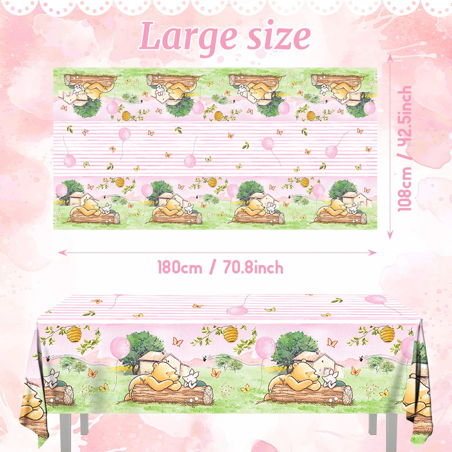 FOLNESH 3PCS Pink Classic Bear Baby Shower Tablecloths, Kids Girls First Birthday Party Decorations Bear Themed Table Cover Party Supplies -54x108IN