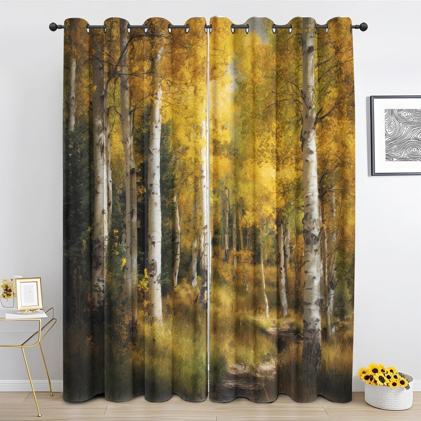 Fall Birch Tree Curtains for Bedroom Living Room, Birch Forest Blackout Curtains 63 Inches Long, Natural Landscape Drapes, Thermal Insulated Room Darkening Grommet Window Treatments 2 Panels