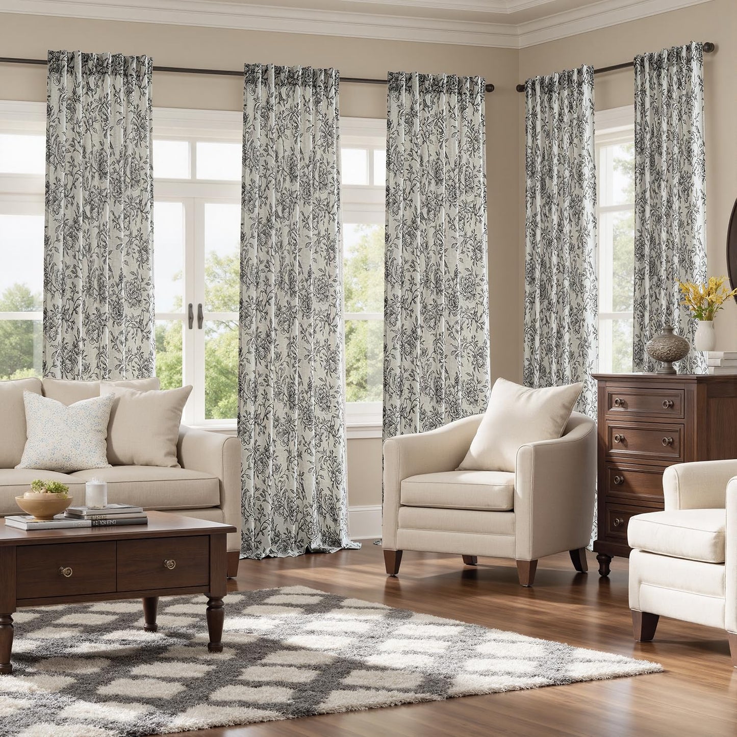 VISIONTEX Floral Farmhouse Curtains 84 Inch Length, Black Peony Printed Linen Blend Drapes, Back Tab & Rod Pocket Light Filtering Window Curtains for Living Room Bedroom, Set of 2 Panels