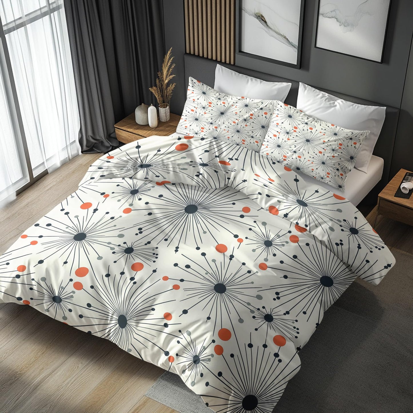 zcwl Atomic Duvet Cover Queen Size | Mid Century Modern Bedding Set | 3 Piece | Soft Microfiber Patterned Comforter Cover with Zipper Ties & 2 Pillowcases | 50S Retro Abstract Bedroom Decor