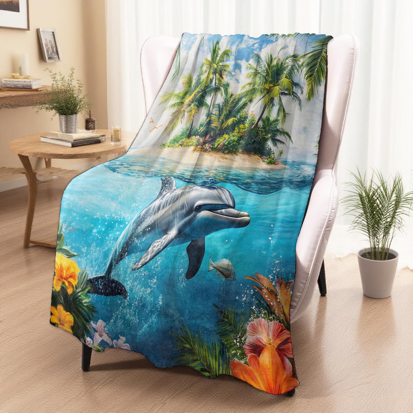 xmwjfd Cute Dolphin Blanket, Cozy Plush Tropical Island Scene Throw Blanket for Couch Bedroom Outdoor, Lightweight Soft Flannel Travel Blankets, Gifts for Women Adults Kids, Warm Decor 50"×60"