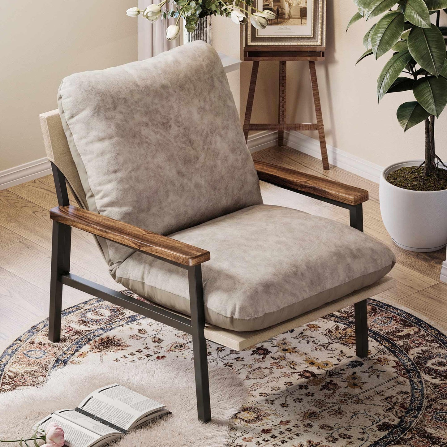 LUNIVO Cloud Accent Chair, Dual-Sided Cushion Accent Chair for Living Room with Acacia Wood Armrests & Sturdy Metal Frame, Ergonomic Lounge Chair for Bedroom, Cloud-Like Softness, Easy Assembly