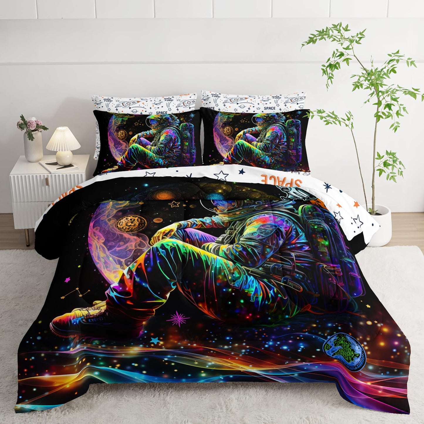 AILONEN Space Astronaut Comforter Set Twin Size,7-Piece Soft Bed in a Bag,Glowing Rocket Planet Spacemen Print Comforter & Fitted Sheet & Flat Sheet & 2 Pillowcases,2 Pillow Shams