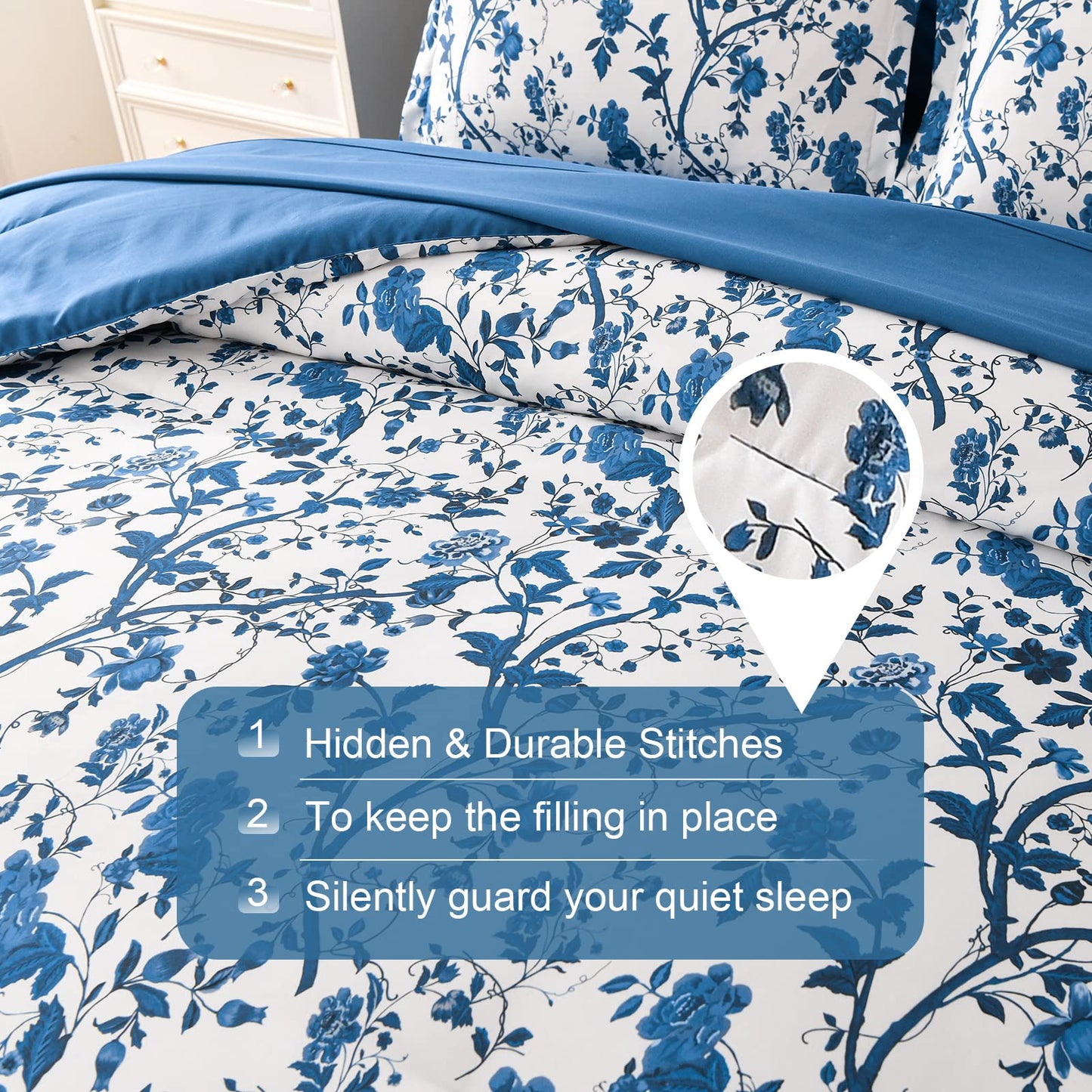 LLDSYW Comforter Set for Queen Bed -7 Pieces Bed in a Bag Soft Microfiber Bed Set Blue Leaves Floral Pattern on White Spring Queen Comforter Sets with Sheets for All Seasons (Queen, Blue)
