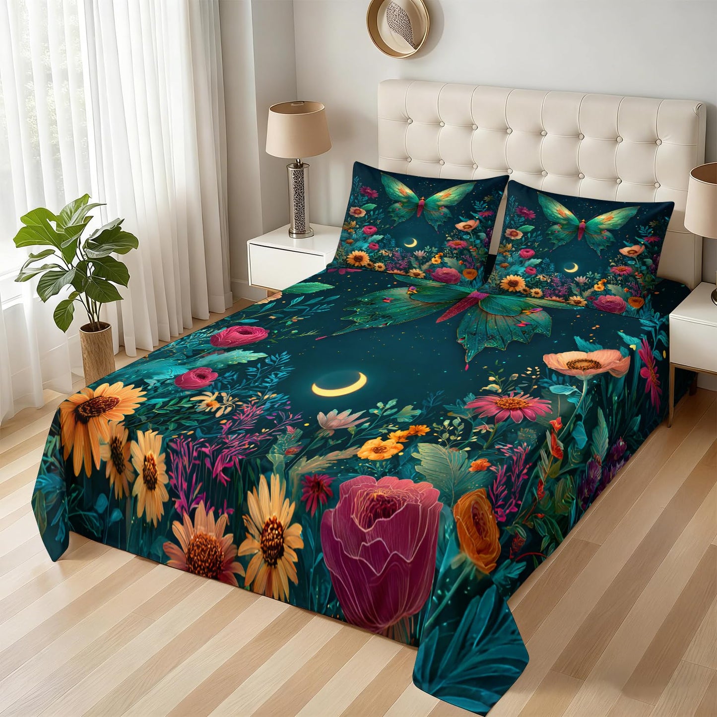 Butterfly Floral Sheets King for Kids Teen Women Girls, Natural Flower Botancial Moon Bed Sheets Set 4 Pcs Psychedelic Galaxy Moon Patterned Bedding (1 Fitted Sheet, 1 Flat Sheet) & 2 Pillowcases