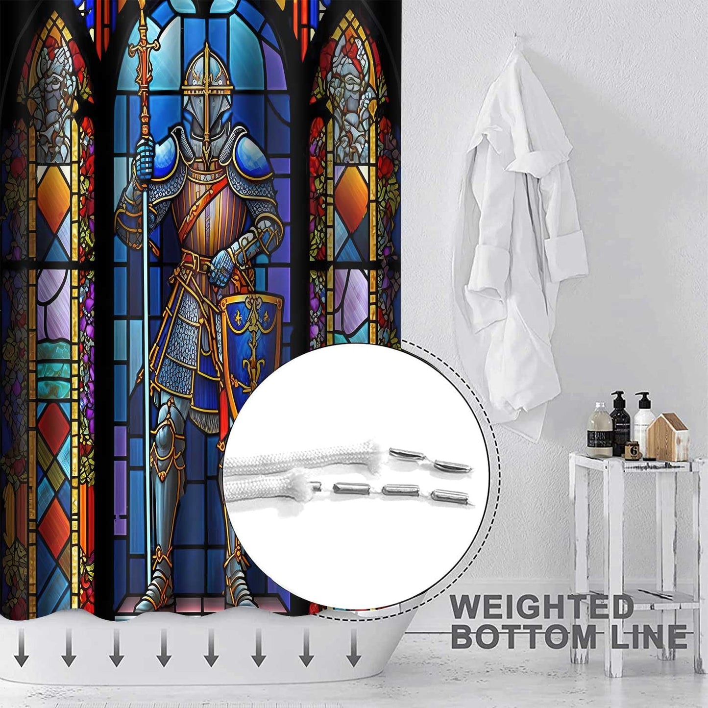 TPMDFC Medieval Shower Curtain, 72x72 inch Polyester, Medieval Knight Stained Glass Bathroom Shower Curtains Decor Set with 12 Hooks YLOKTP0834