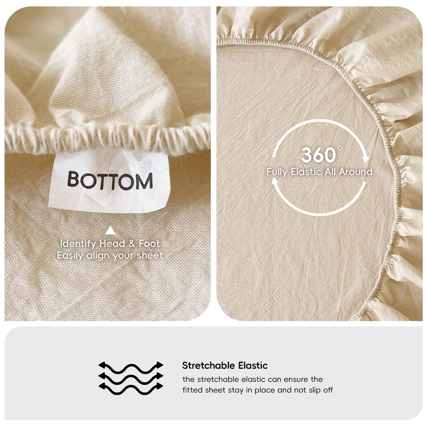 MooMee Fitted Bottom Sheet Only 100% Washed Cotton Linen Like Textured Breathable Durable Soft Comfy Deep Pocket Fits Mattress up to 17" (Almond Milk Grey, Queen)