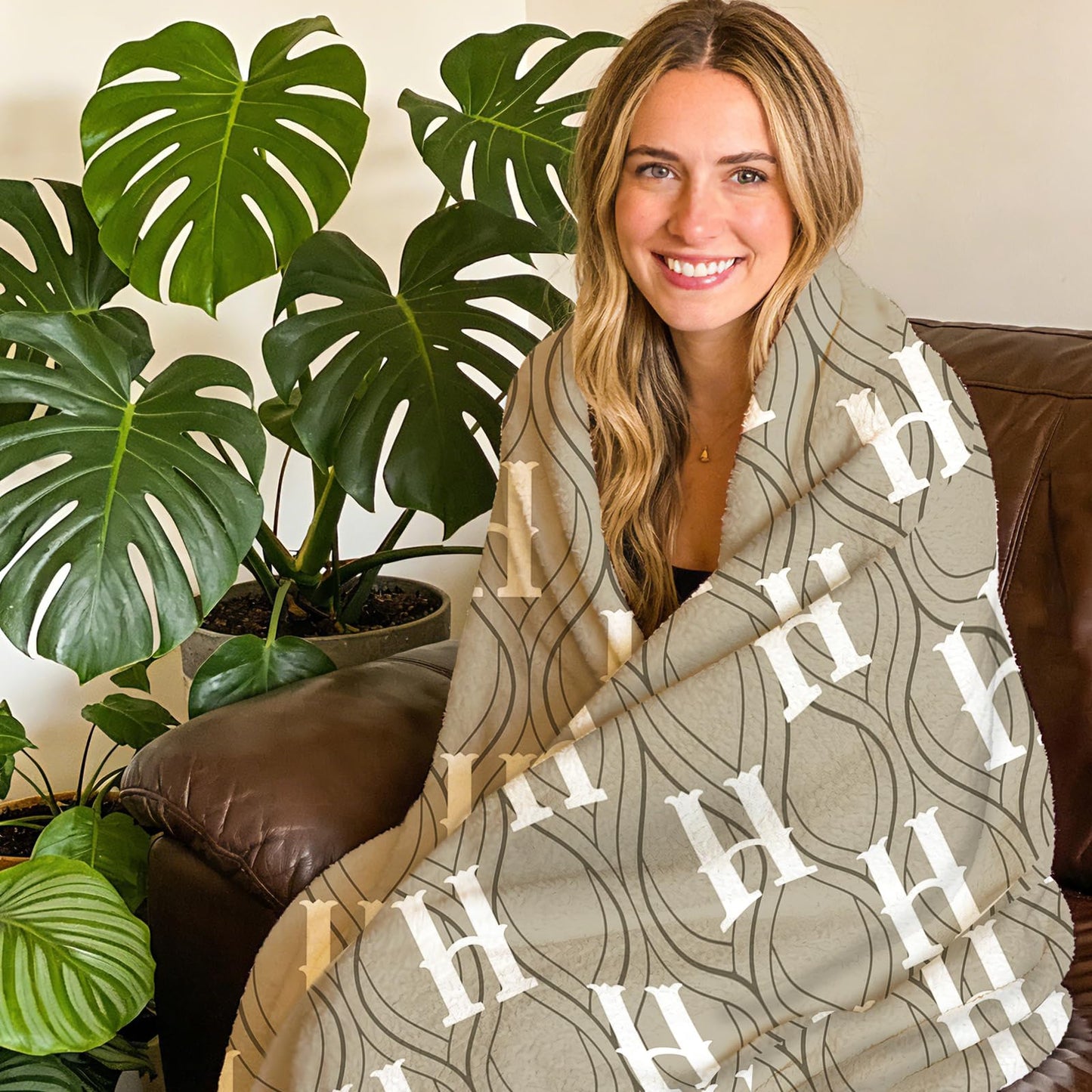 Zzkol H Flannel Throw Blanket, Modern Geometric Wave Birthday for Women Men Teens, Minimalist Luxury Soft Blankets for Bedding Sofa 50" x 60"