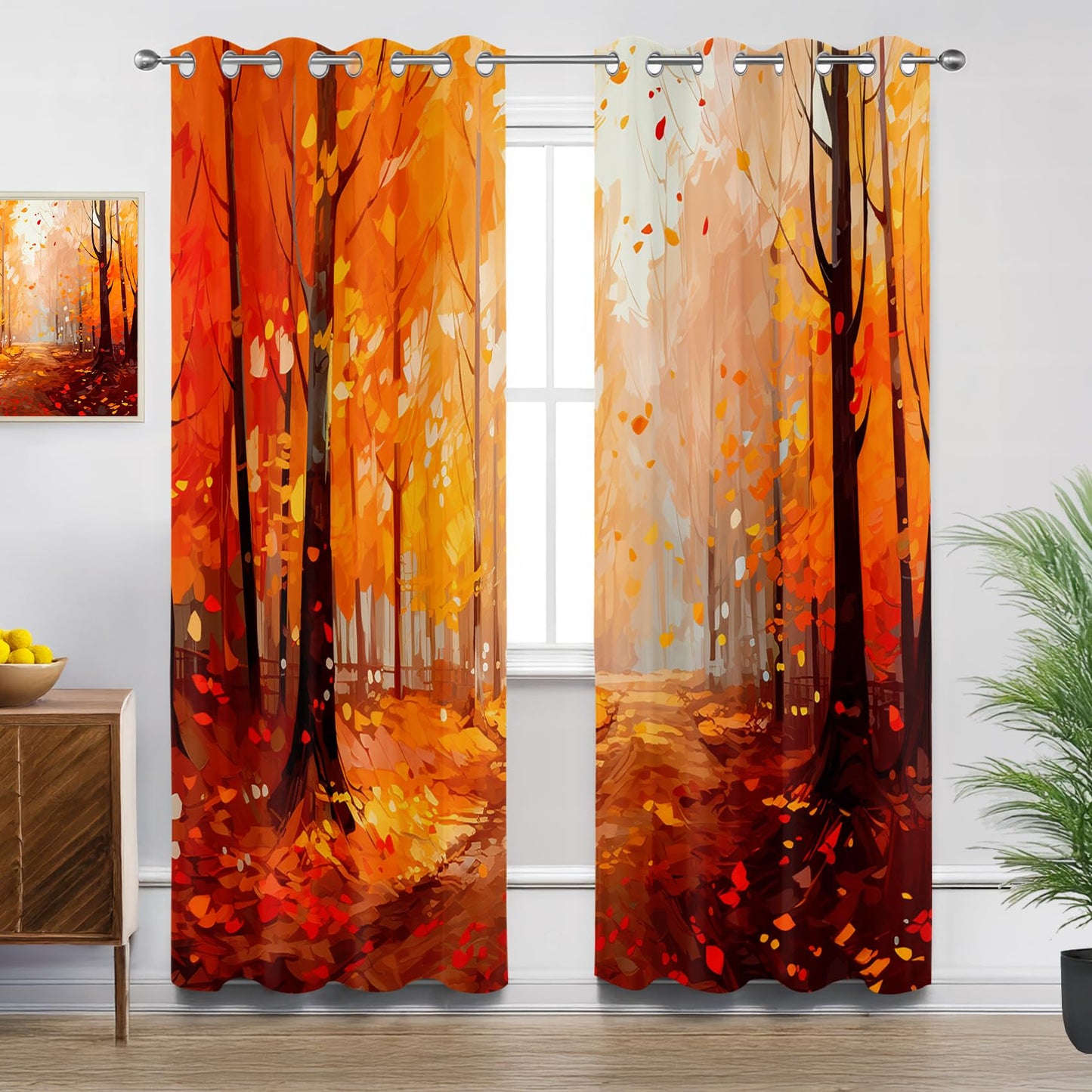 Fall Scenery Curtains 63 Inch Length, Autumn Forest Landscape Painting Art Blackout Curtains for Bedroom Living Room, Room Darkening Thermal Insulated Grommet Drapes, Patterned Window Treatments