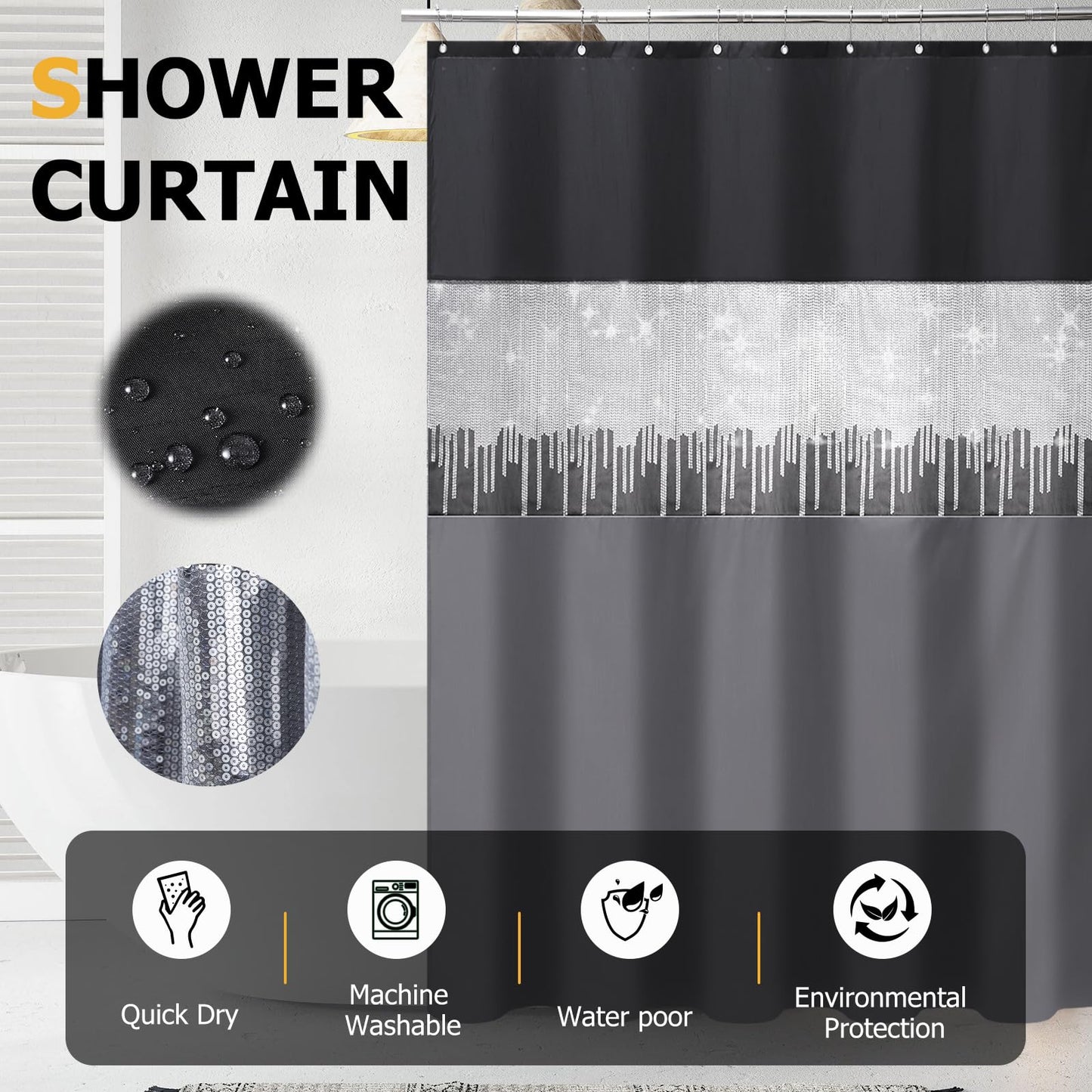XLHOMO Shower Curtain Set Black Bathroom Sets with Shower Curtain and Rugs Glitter Waterproof Shower Curtain with Non-Slip Bathroom Rugs for Hotel Shower Bathroom Decor