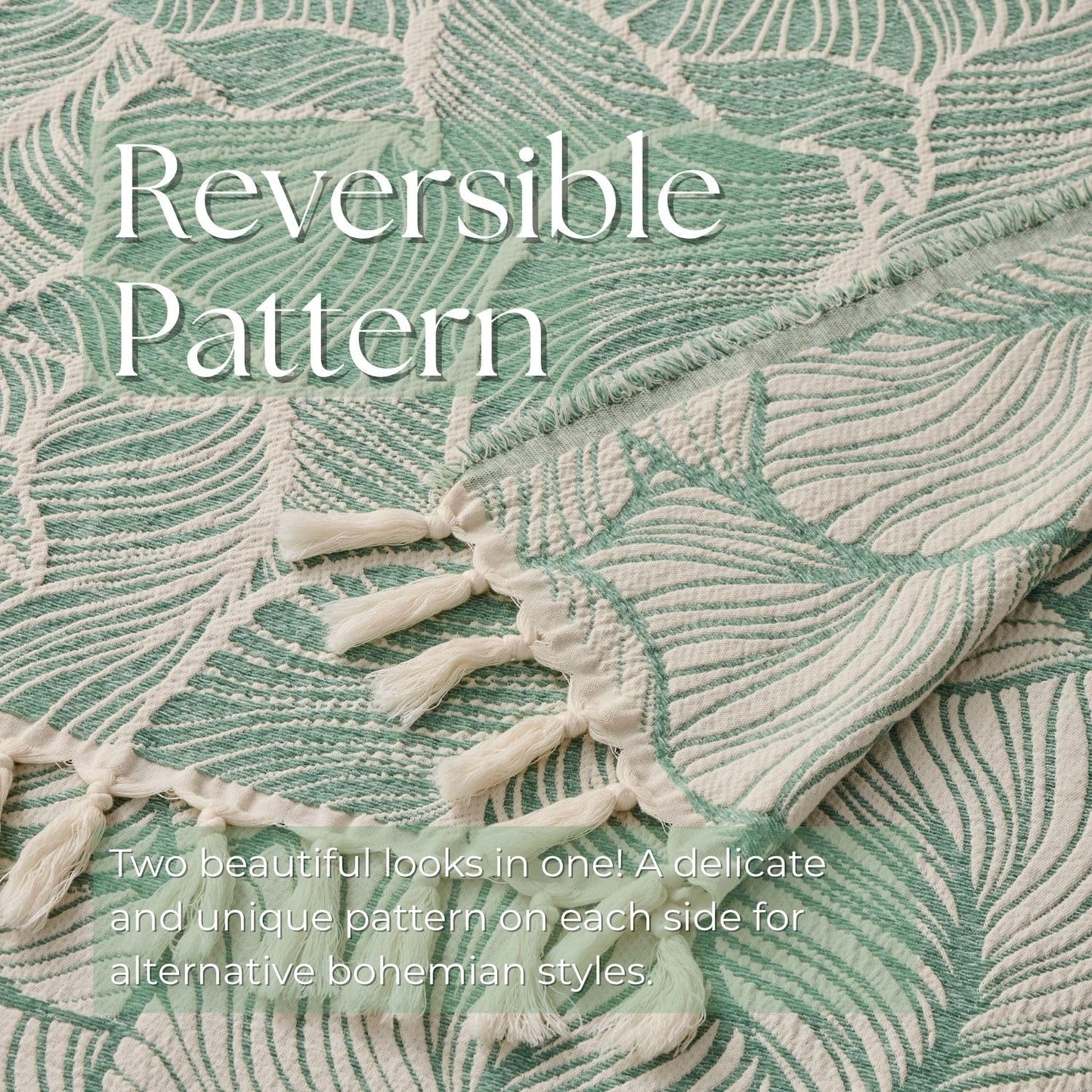 DOWN HOME Chenille Cotton Throw Blanket for Couch, Lightweight Boho Blanket for Bed Sofa Chair Living Room Outdoor Soft Woven Decorative Blanket with Tassel Gift Green Leaves 55"x60"