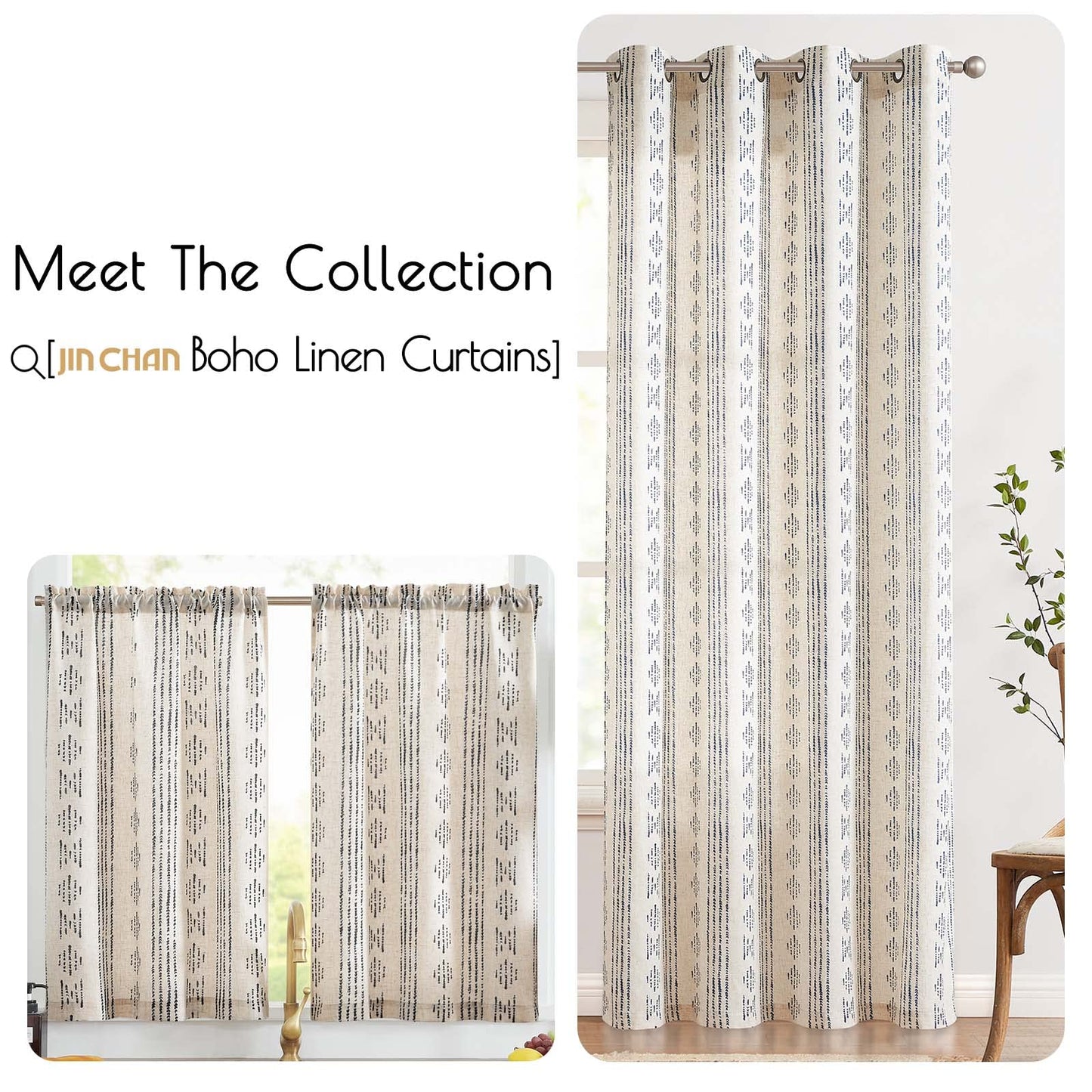jinchan Boho Kitchen Curtains Linen Tier Curtains 36 Inches Bohemian Cafe Small Drapes Striped Mudcloth Farmhouse for Bathroom RV Camper Light Filtering Rod Pocket 2 Panels Black on Beige