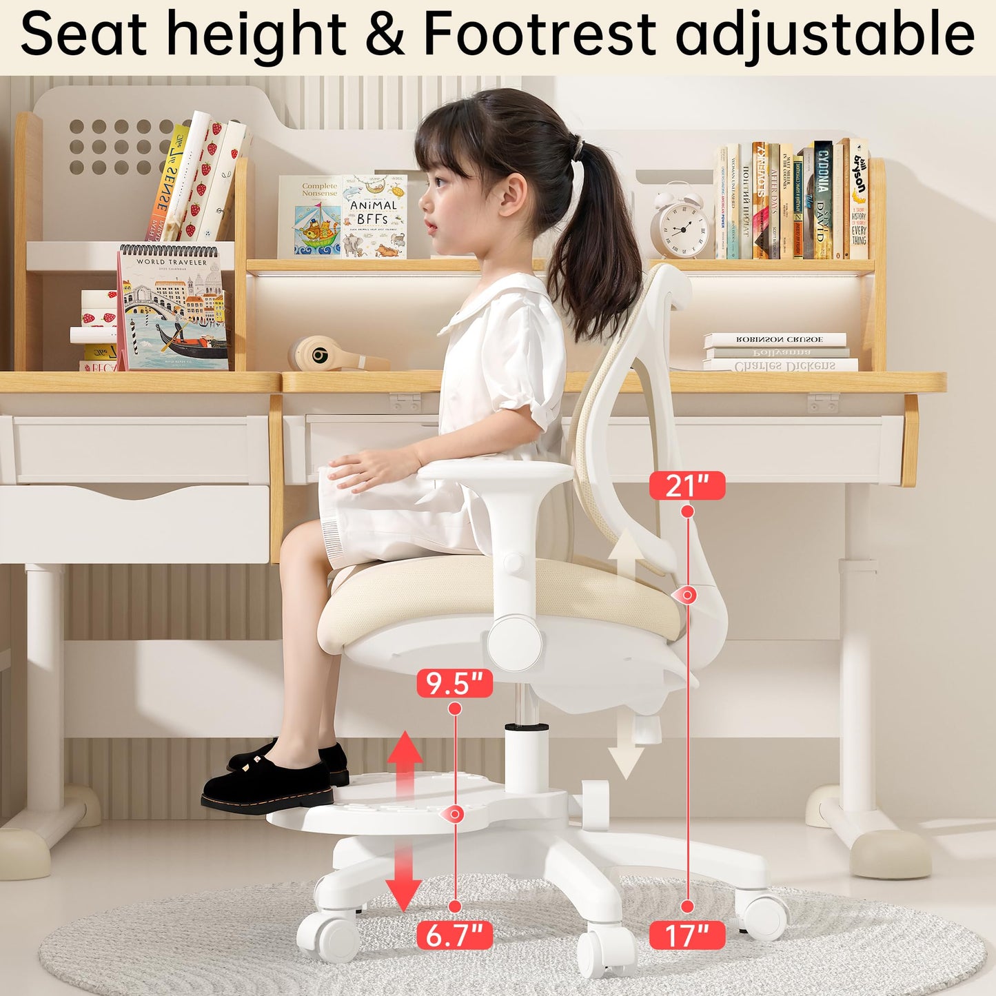 chirvana Kids Desk Chair, Ergonomic Study Chair for Bedroom with Adjustable Footrest, Adjustable Height, Flip-Up Armrests, Mesh Student Chair with Adjustable backrest, Model Deer (Beige)