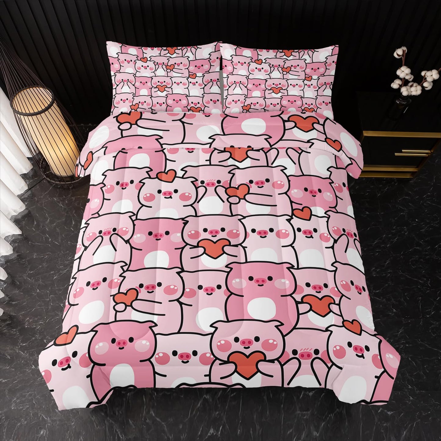 Pink Pig Comforter Set Twin，Kawaii Pink Cute Animals Bedding Set for Kids Boys Girls Teens Room Decor Kawaii Animals Comforter Set Farmhouse Wildlife Theme Bedroom Living Room Decor，All Season