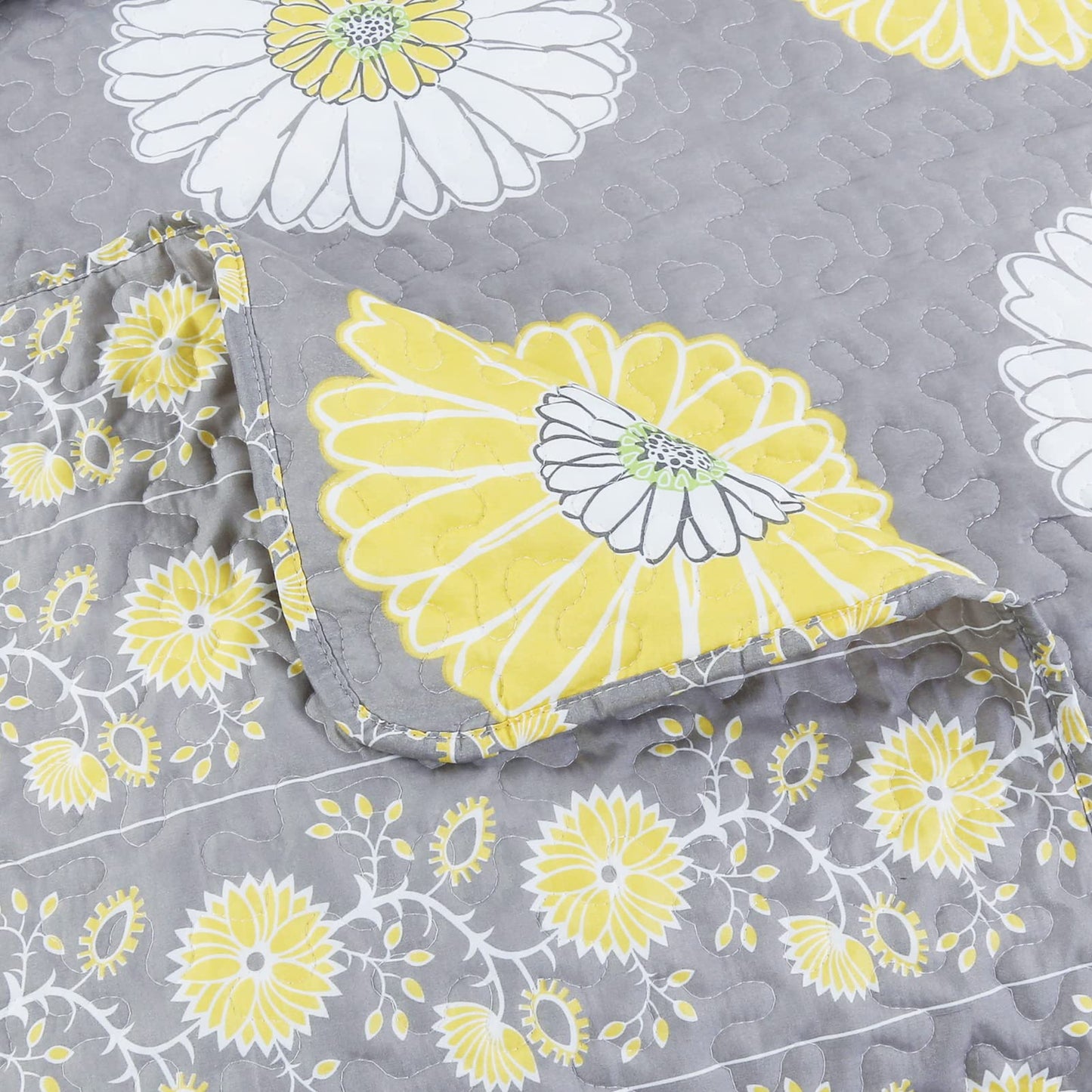 Cozy Line Home Fashions Yellow White Gray Daisy Sunflower Floral Reversible Quilt Bedding Set, Bedspread, Coverlet Lightweight for All Seasons (Sunflower, King - 3 Piece)