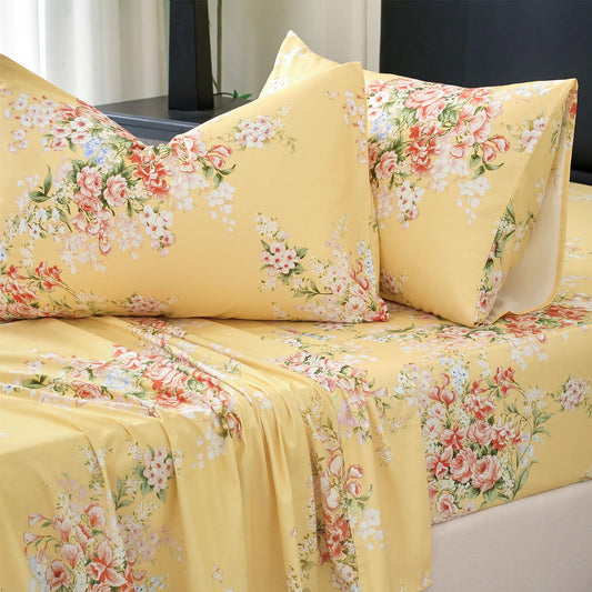 Zusbest Yellow Floral Sheets Queen Size 100% Percale Cotton Rustic Cottagecore Bed Sheet Set, Soft Breathable Crisp, Shabby-Chic Coral Pink Flower Bedding Deep Pocket Fitted Sheet 17.5‘’, 4Pcs