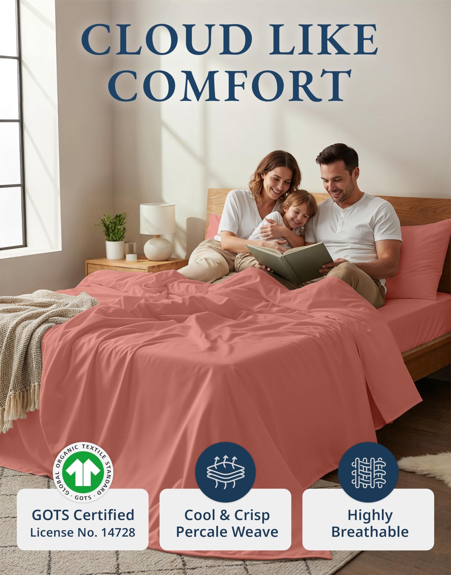 LANE LINEN 100% Organic Cotton Queen Sheets, Eco Friendly Mercerized Cotton Fully Elasticized Bedding Sheets & Pillowcase Set, Low Pill Fade Resistant Naturally Cooling Bedding Queen Size- Rose Dawn