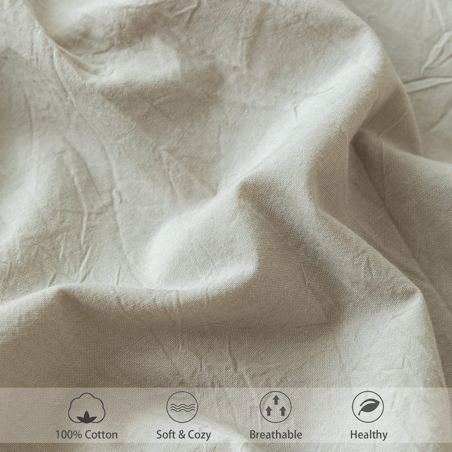 MooMee Fitted Bottom Sheet Only 100% Washed Cotton Linen Like Textured Breathable Durable Soft Comfy Deep Pocket Fits Mattress up to 17" (Cream Grey, Queen)