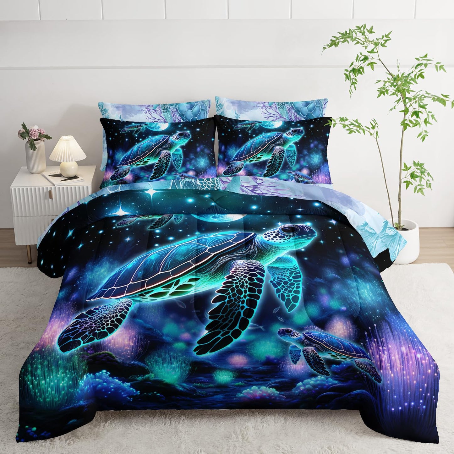 AILONEN Sea Turtle Comforter Set Twin Size,7-Piece Ocean Theme Bedding Coral Bed in a Bag,Evening Starry Moon Turtle Comforter & Fitted Sheet & Flat Sheet & 2 Pillowcases,2 Pillow Shams