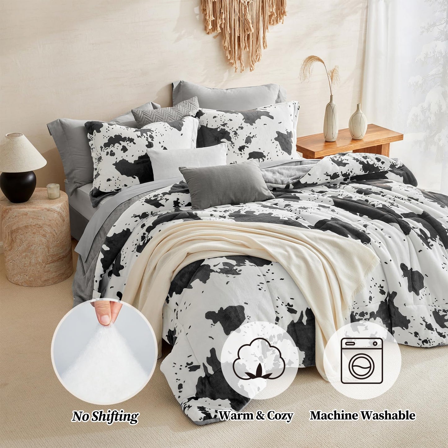 Petrichor Velvet Flannel Queen Comforter Set-Cow Print Western Style Blanket,Luxury Fuzzy Heavy Bedding Set, 3 Pieces Plush Winter Bed Set with Comforter (90"x90") & 2 Pillow Shams (20"x26")