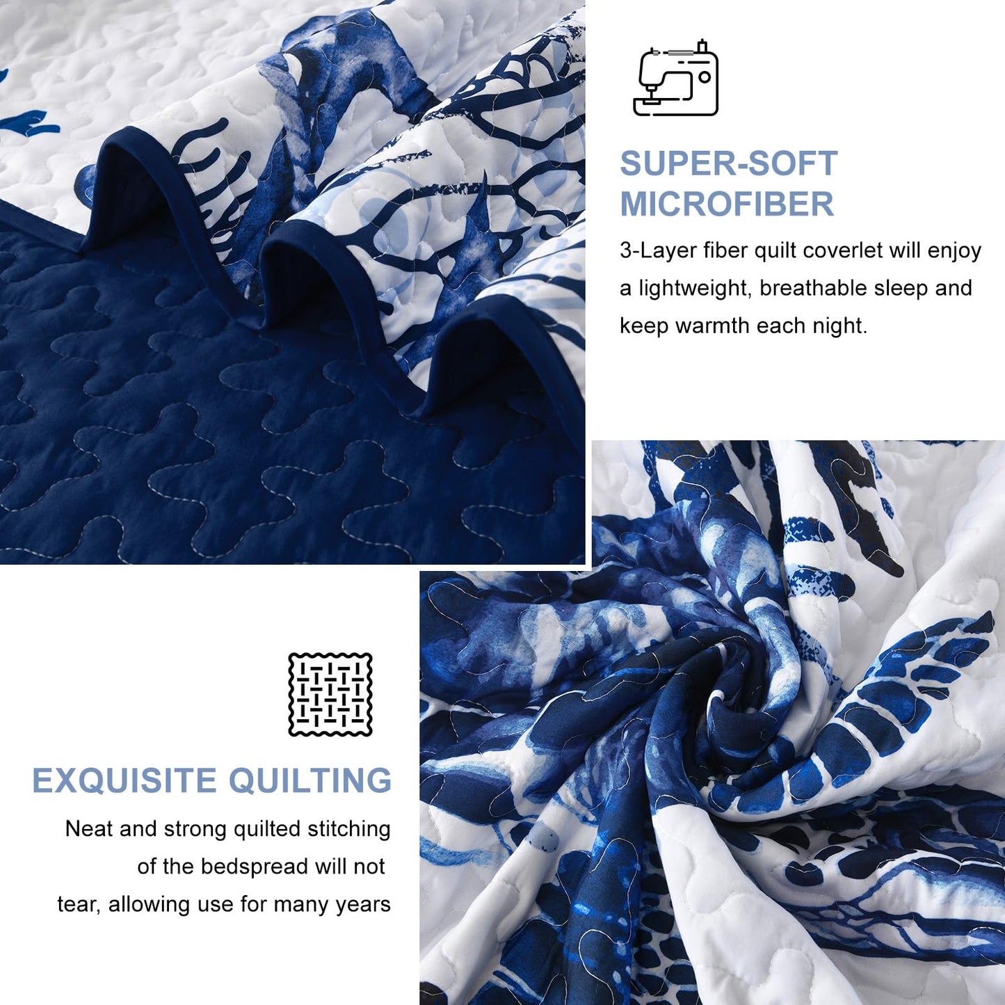 DJY Coastal Quilt Sets King Size 3 Piece, Beach Beach Nautical Bedspreads Coverlet with 2 Shams Soft Lightweight Microfiber Blue Bedding Summer Comforter Set for All Season