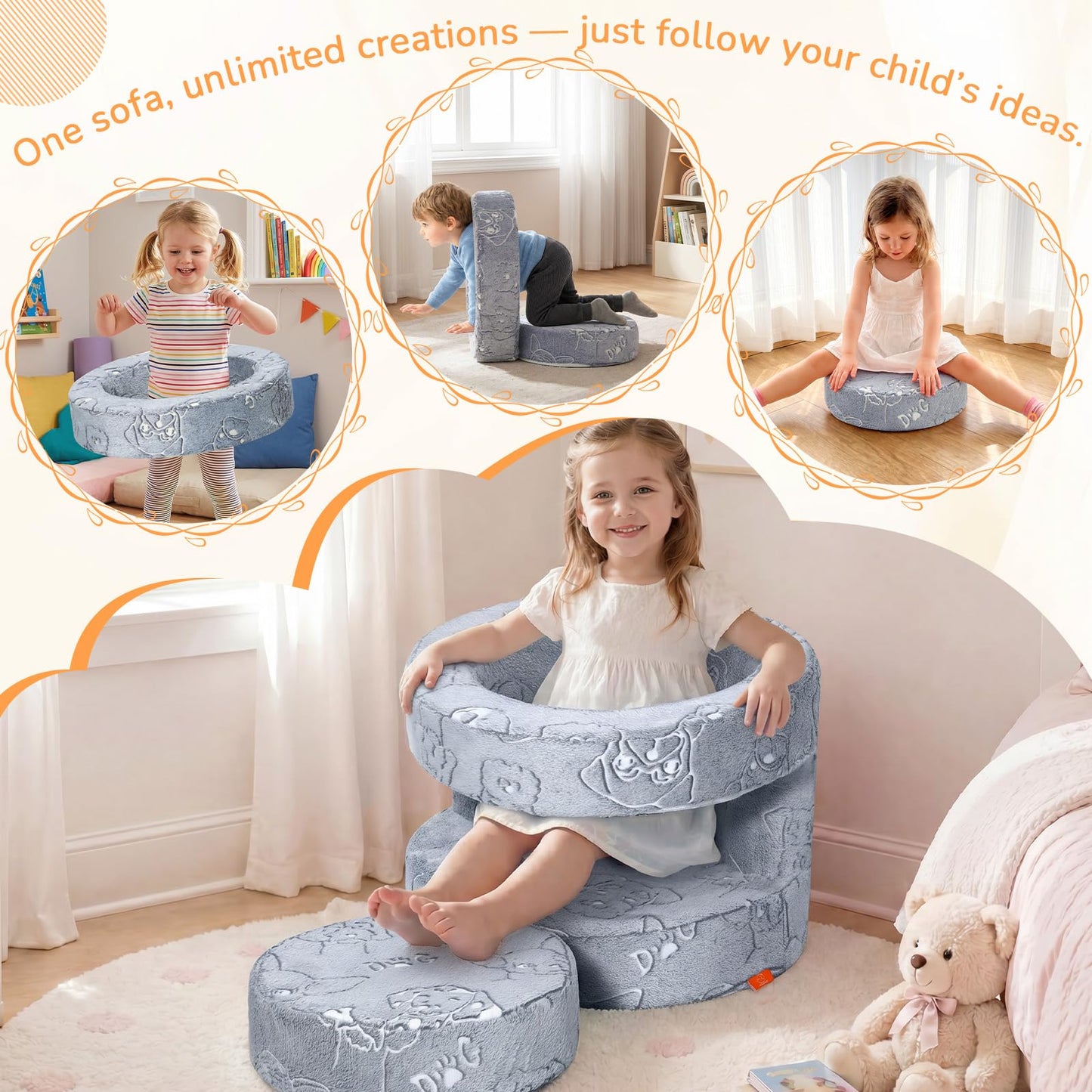 MeMoreCool Puppy Kids Couch, Flip-Open Kids Chair, Glow Print, Grey