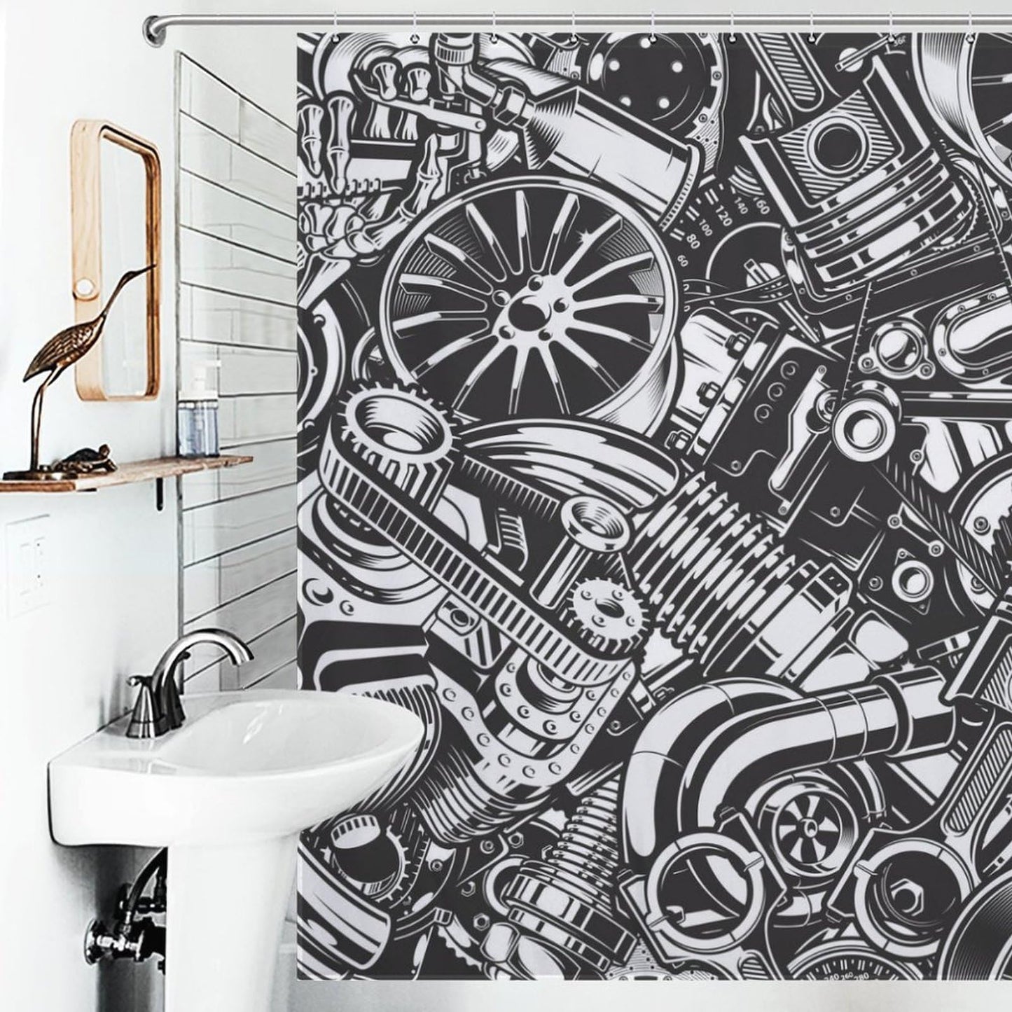 Lnepty Man Cave Shower Curtain,Retro Automobile Car Parts Engine Black White Vintage Boys Men Teen Bathroom Curtain Waterproof Fabric Machine Washable with Hooks,72x72Inch