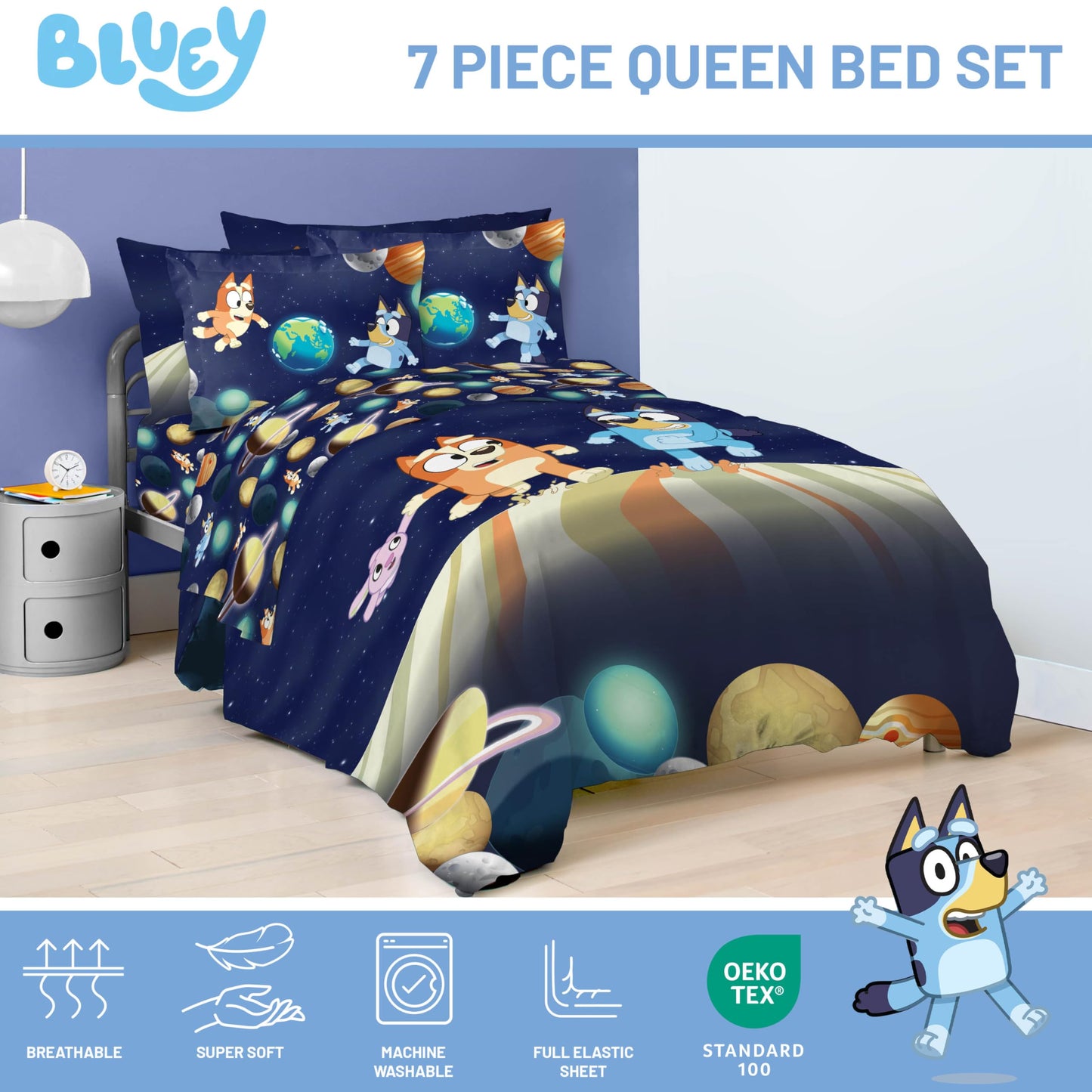Jay Franco Kids Comforter Set Includes Sheets and Pillow Covers - Soft and Cozy Bed Set for Stylish Room Decor, Blue - Bluey & Bingo, 7 Piece Queen