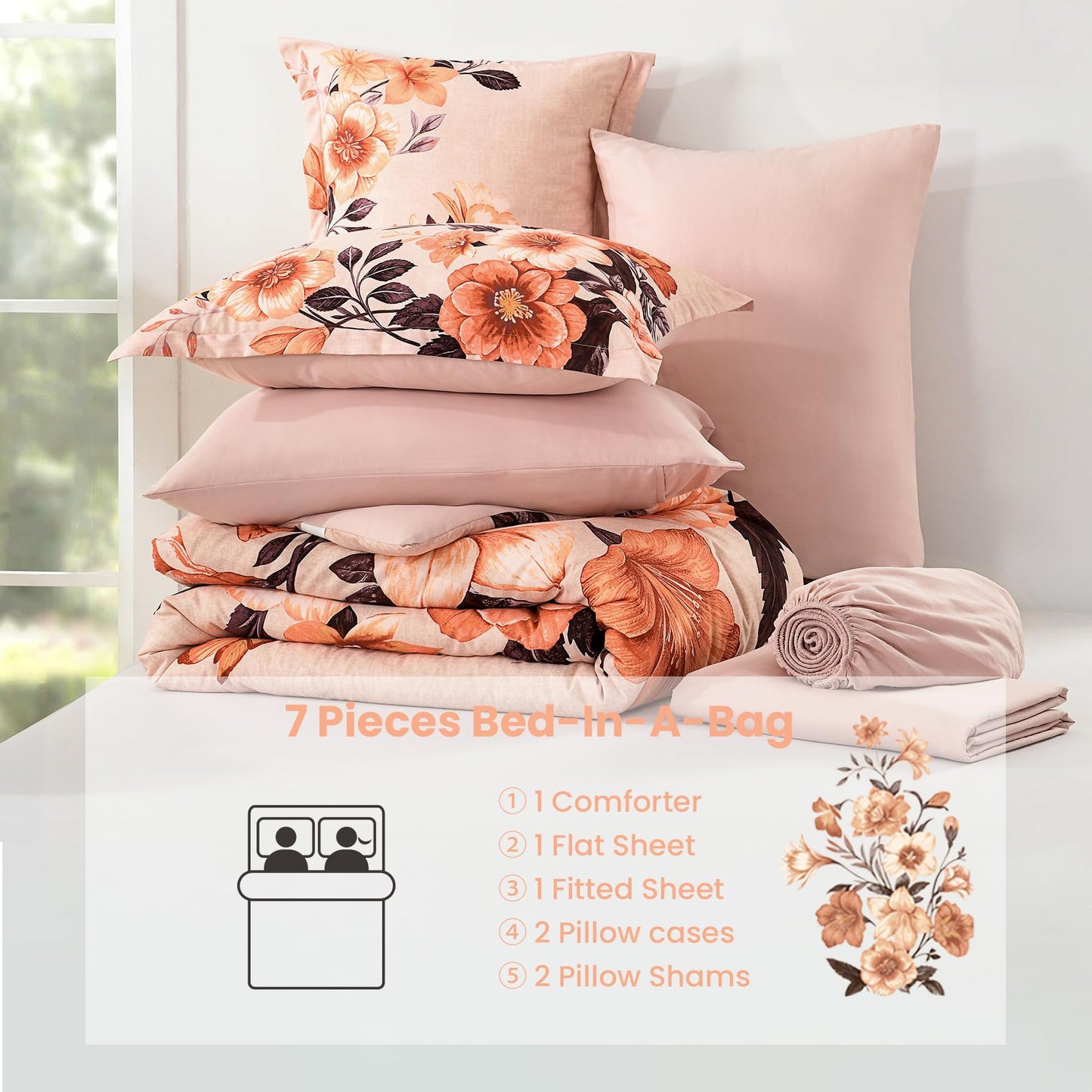 DHSFKBE Floral Comforter Set Queen Size,7 Piece Orange Bed in a Bag, Elegant Flower Pattern Comforter Set with Sheet, Soft Microfiber Complete Bedding Sets for All Season