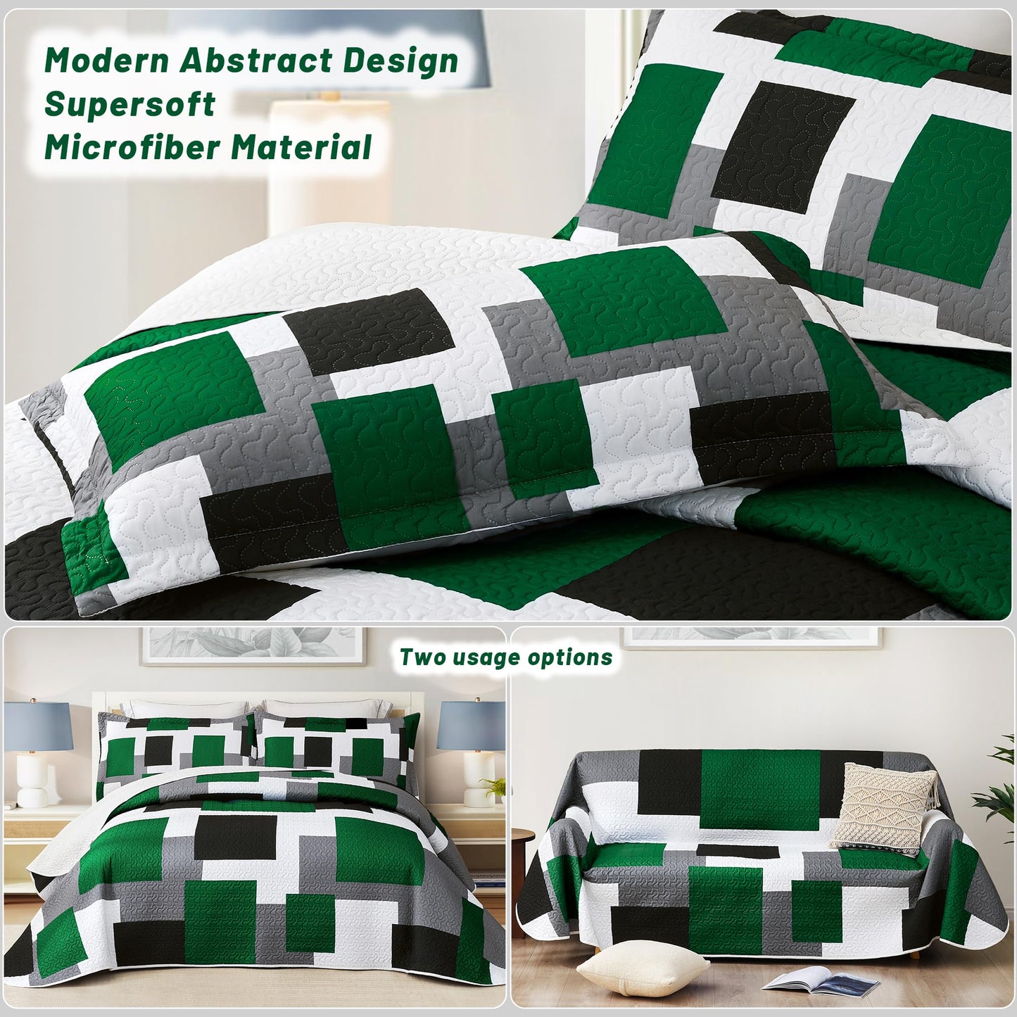 Tyrot 3 Piece Green Quilt Set Full/Queen Size Green Black White Geometric Reversible Bedding Set Microfiber Lightweight Bedspread Coverlet with 2 Shams Modern Bed Cover for All Season, 90''x96''