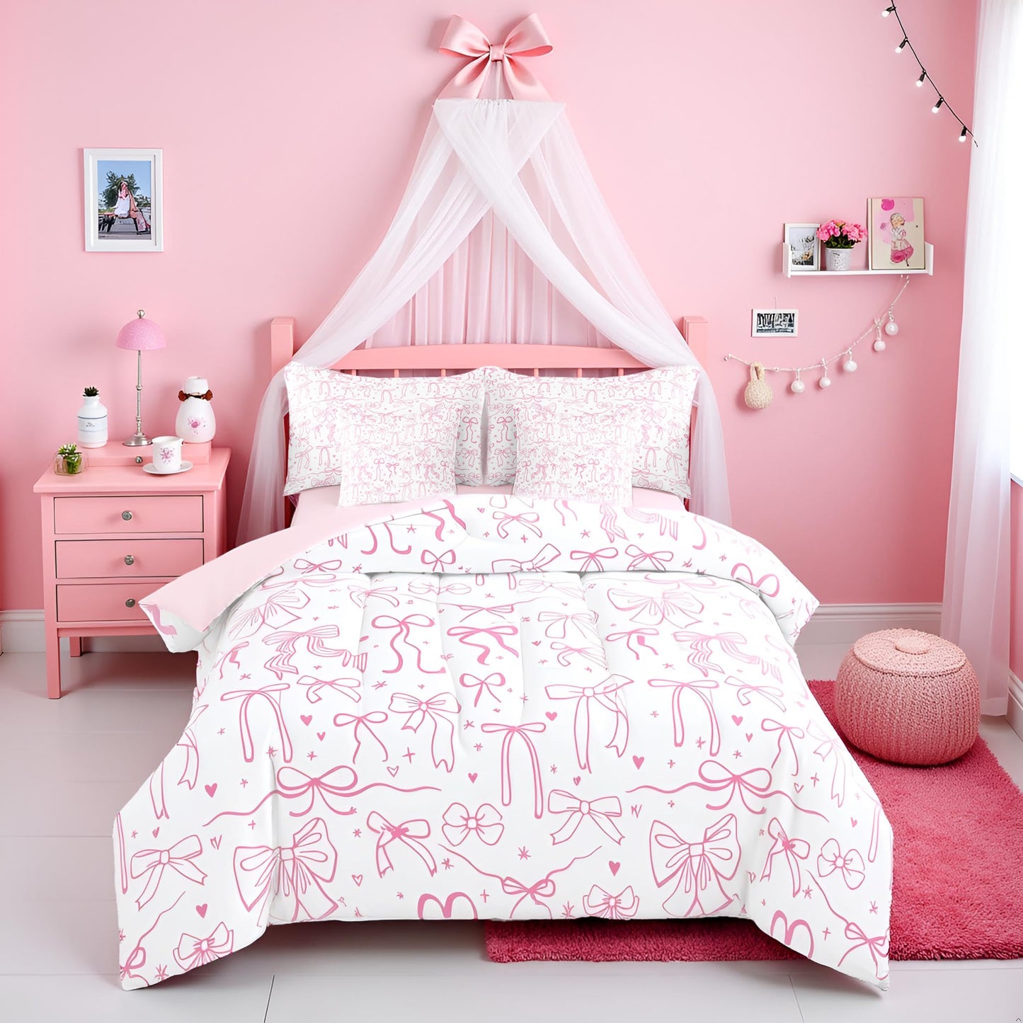 Pink Bowknot Kids Girls 7Pcs Comforter Set Full Size,Cartoon Hand Drawn Stars Love Bow Fitted Flat Sheet,Sweet Princess Style Bedding Set for Teens Woman Room Decor,Dreamy Pink White 4 Pillow Cover