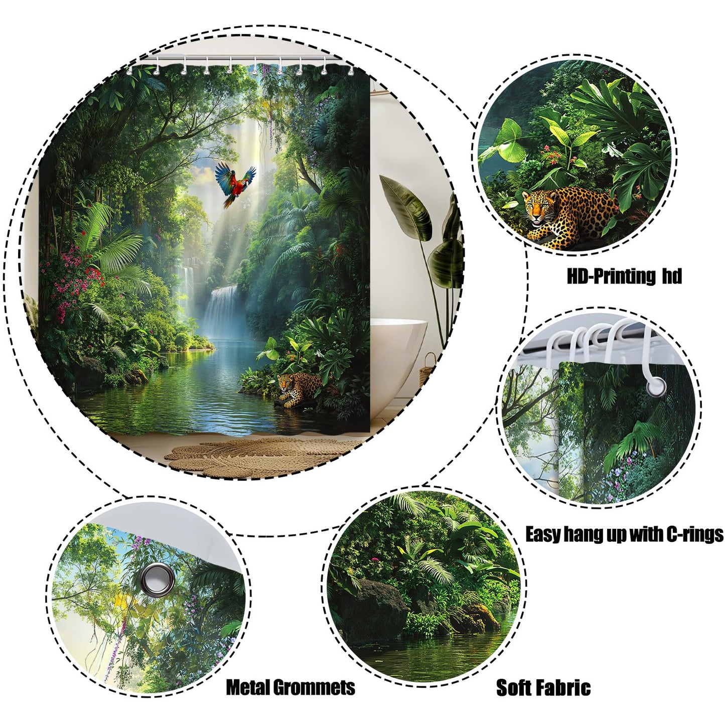 Rainforest Waterfall Shower Curtain Green Nature Forest Waterfall Wild Animal Leopard Parrot Tropical Plant Jungle Scenery Bathroom Fabric Curtain with Hooks,70x70 Inches