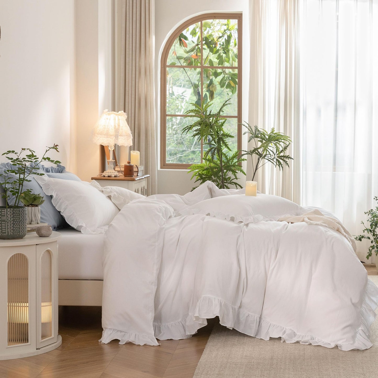 Ruffle Duvet Cover Queen Size: 100% Washed Cotton Linen Like Textured Soft