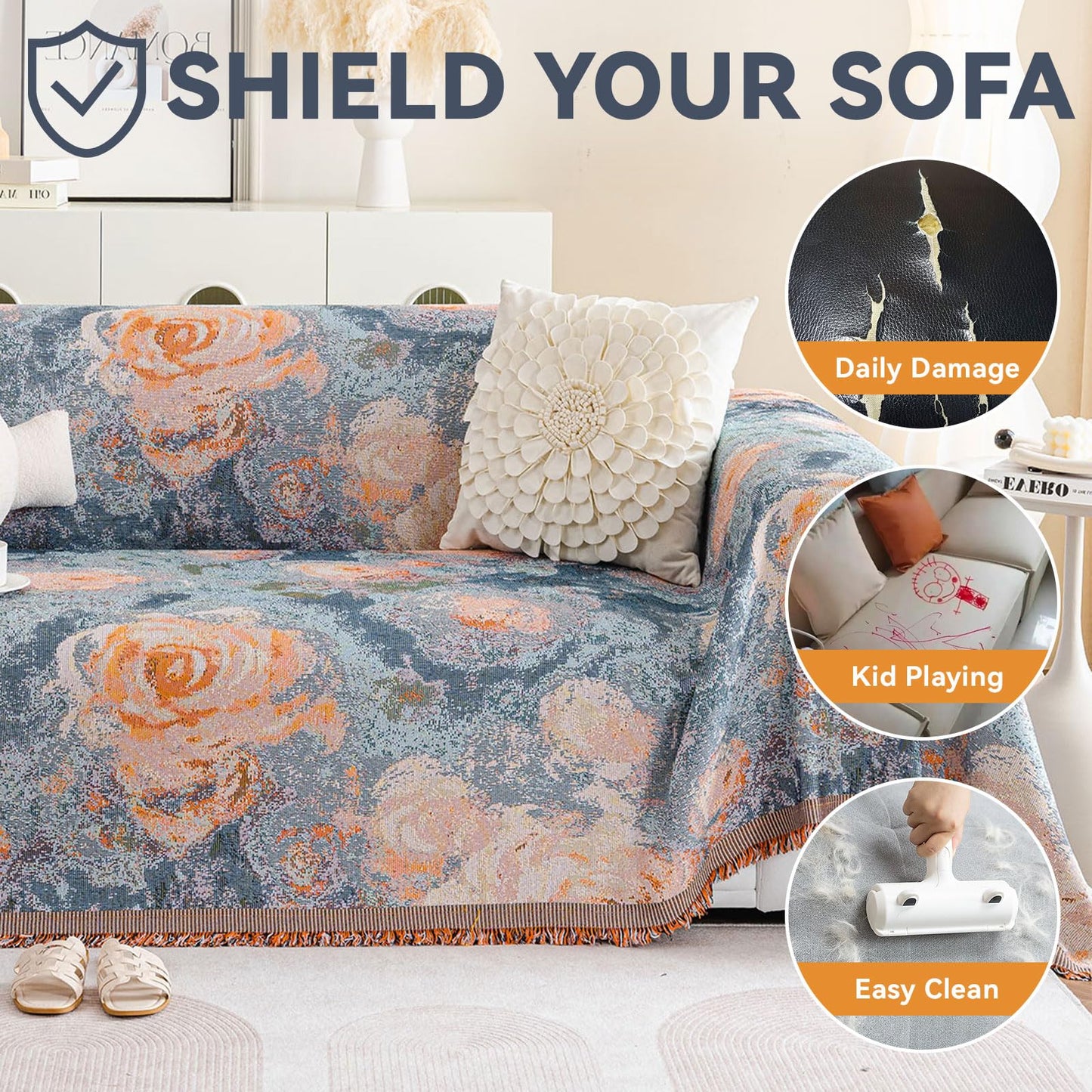 VClife Flower Couch Cover for Sectional Sofa Washable Sofa Cover, Modern Peach Blue Flower Sofa Couch Cover Breathable Anti-Slip Cotton Linen Sofa Slipcover with Tassel Aesthetic Sofa Cover 71"x118"