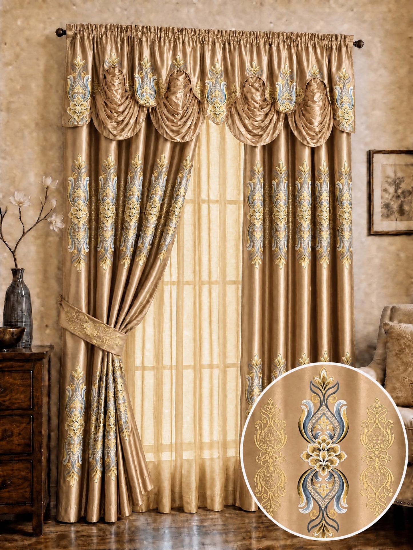 GOHD Regal Regalia Jacquard Blackout Curtains,Set of 2 Panels,W60”*L86,80% Light Blocking Window Drapes with Gold Floral Pattern, for Bedroom Living Room,Bronze
