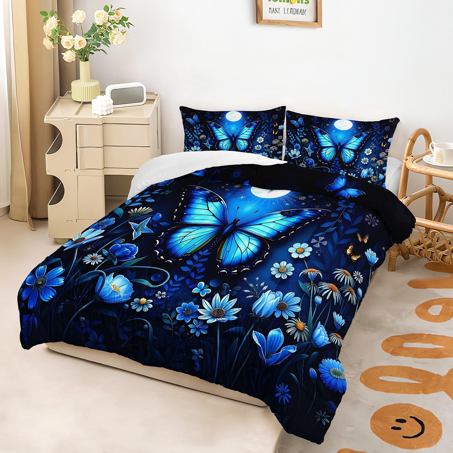 XYNHML Blue Butterfly Themed Comforter 3Pcs Twin Romantic Flower Butterflies Bedding Set for Kid Teen Girl Boy Adult Aesthetics Moonlight Floral Quilt Bed Decor with 1 Comforter and 2 Pillowcases