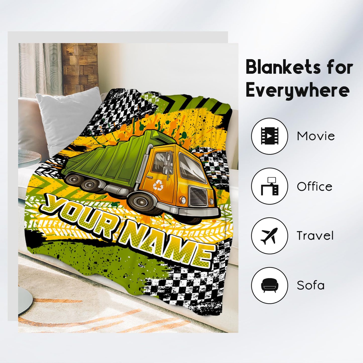 AIOMXZZ Kids Throw Blanket, Custom Garbage Truck Blankets with Name, Cozy Fleece Throws Gifts for Boys Toddler, 4 Size