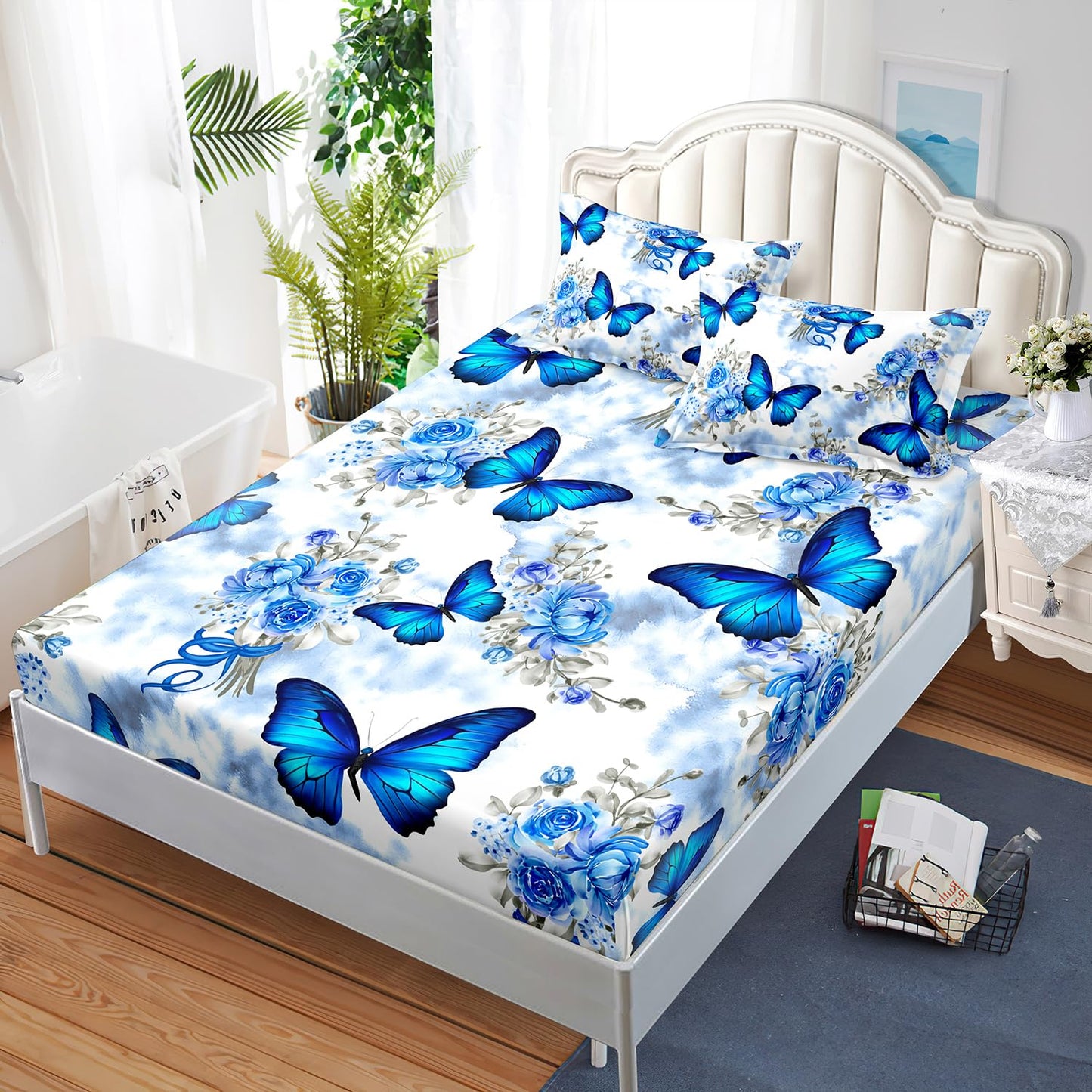 AILONEN Blue Butterfly Fitted Sheet Set for Girls, Twin Size Tie Dye Floral Butterfly Bed Sheet Set,Soft Microfiber Kids Women 3-Piece Breathable Fitted Sheet with 2 Pillowcases