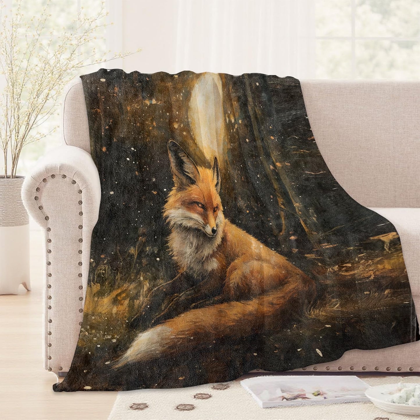 WKEDIN Woodland Fox Blanket,50x60in,Cozy Flannel Throw with Autumn Night Scene Full Moon Design,Soft Lightweight Gifts Blankets for Women,Sofa Bed Travel Camping Rustic Nature Cabin Decor