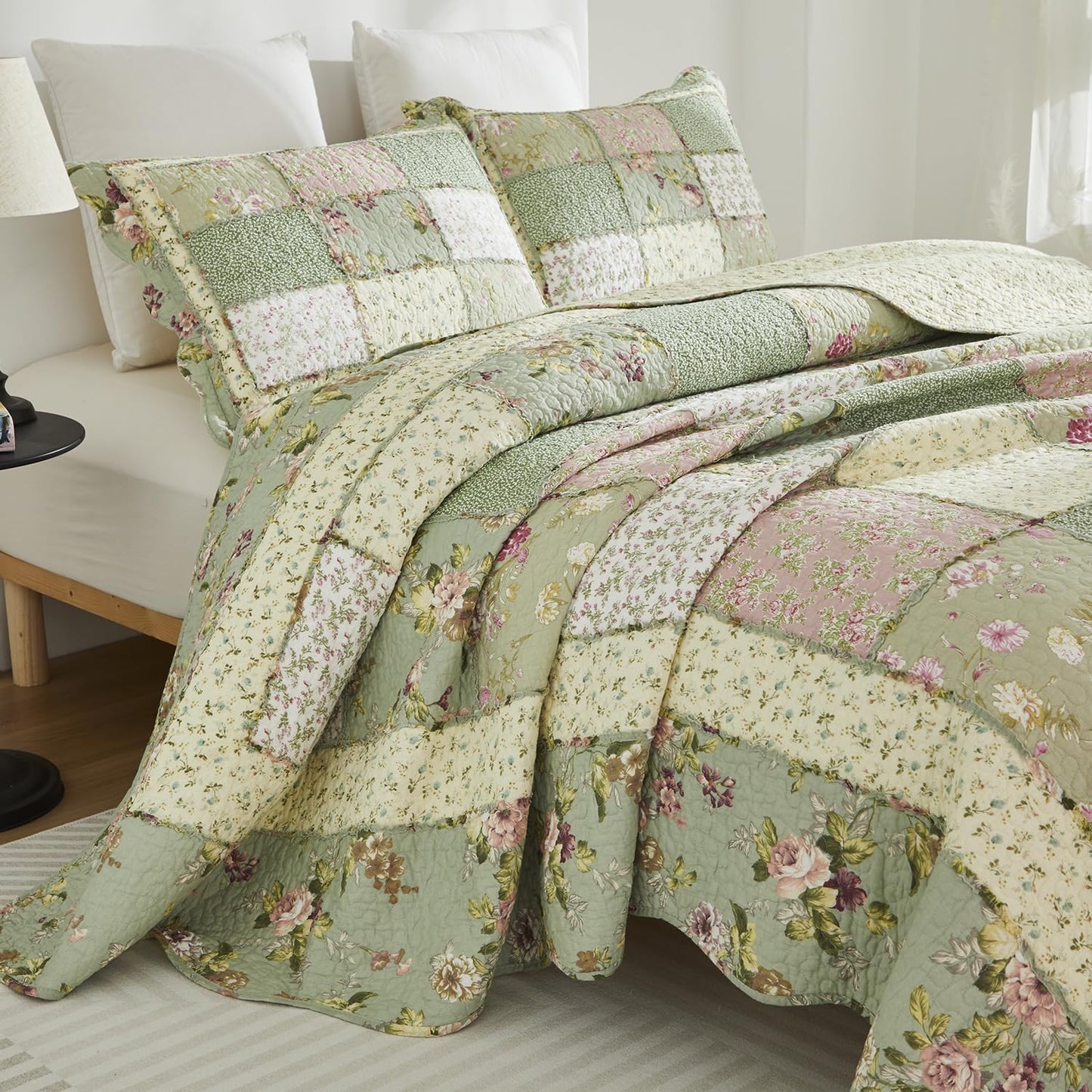 Brandream King Size Quilt Set Cotton Patchwork Quilts Green Rose Floral Quilted Comforter Set Country Rustic Coverlet Set 3-Piece