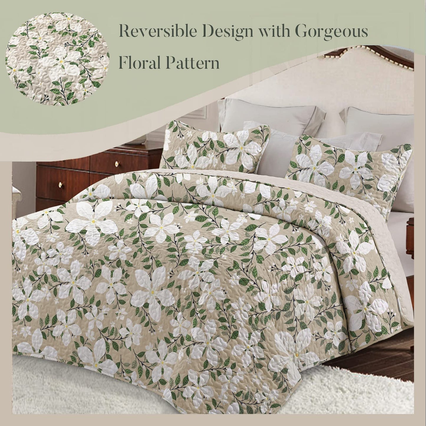 Whale Flotilla Reversible Printed Quilt King Size, Extra Soft Boho Floral Leaf Bedspreads for Bed Lightweight King Quilt Bedding Set Coverlets with 2 Pillow Shams for All Seasons, White Bone