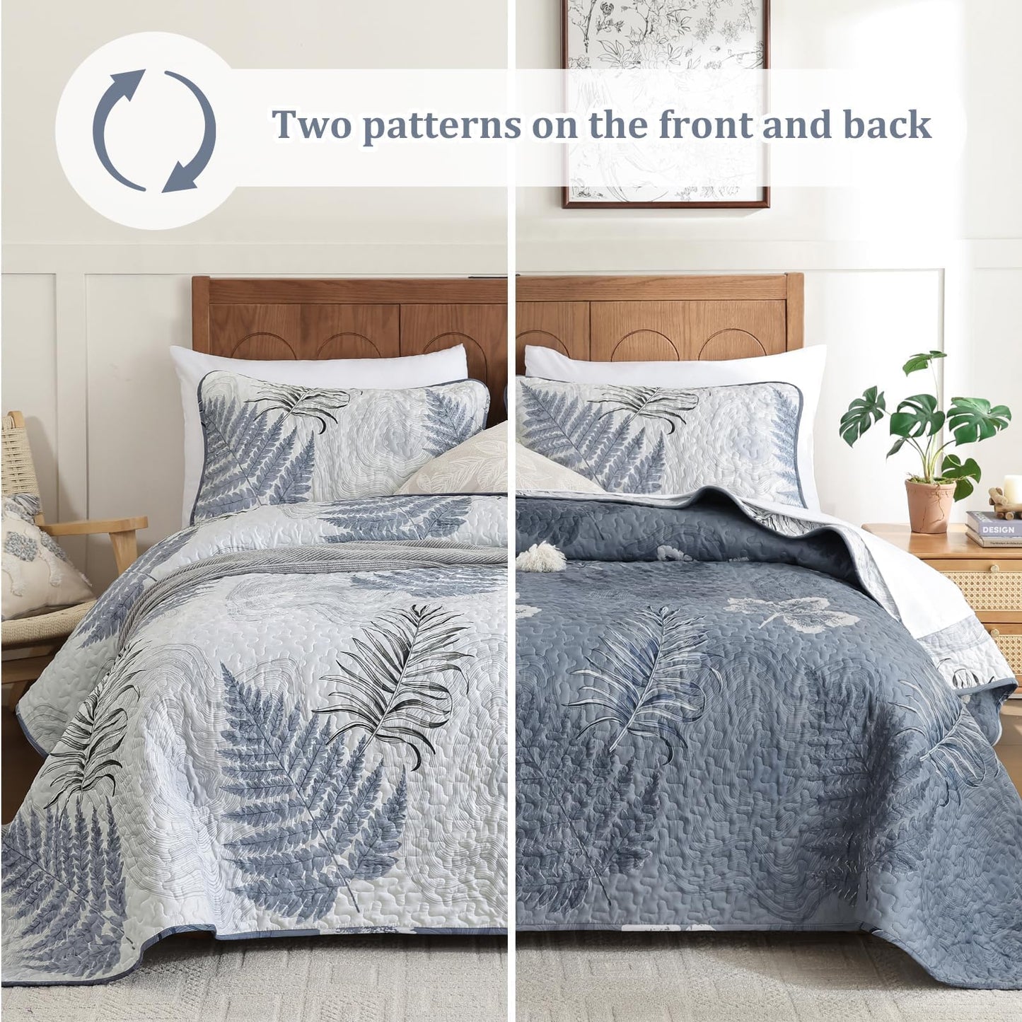 Dinjoy Blue Quilts Set Queen Size, Botanical Bedspread Bedding Set Floral Leaf Pattern Reversible Quilt Coverlet Set 3 Pieces, Summer Bedspread Bed Cover with 2 Pillow Shams for All Seasons