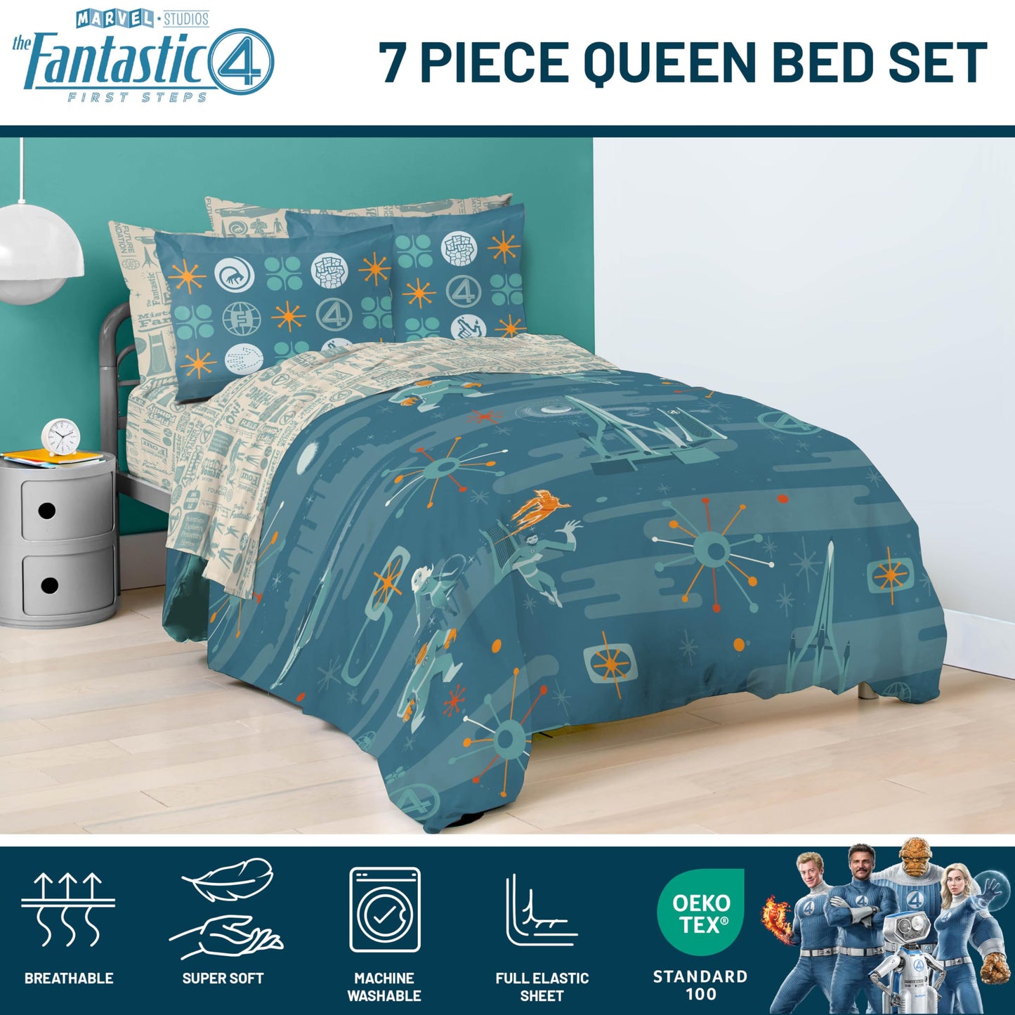 Jay Franco Kids Bed Set, Blue, The Fantastic Four, 7 Piece Queen
