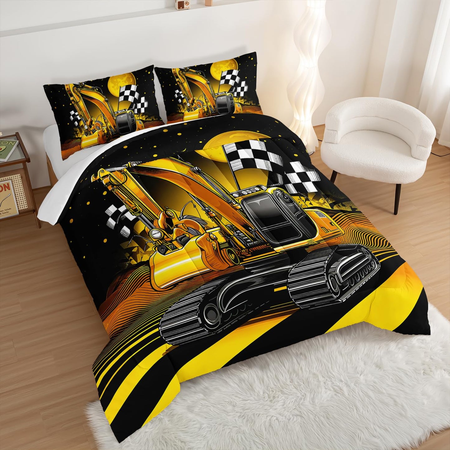 UEVBF Yellow Excavator Construction Vehicles Comforter Set Queen Size,Equipment Trucks Bedding Set for Kids Boys Girls Room Decor,Cartoon Car Pattern Beddings with 2 Pillowcases.