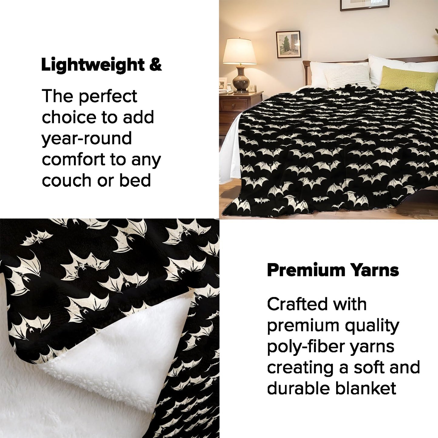 Turamurra Bat Throw Blanket Gifts for Kids Women, Black Gothic Flying Bats Blankets for Couch, Bedroom, Living Room Decor, Fuzzy Warm Flannel Plush 50"x60"