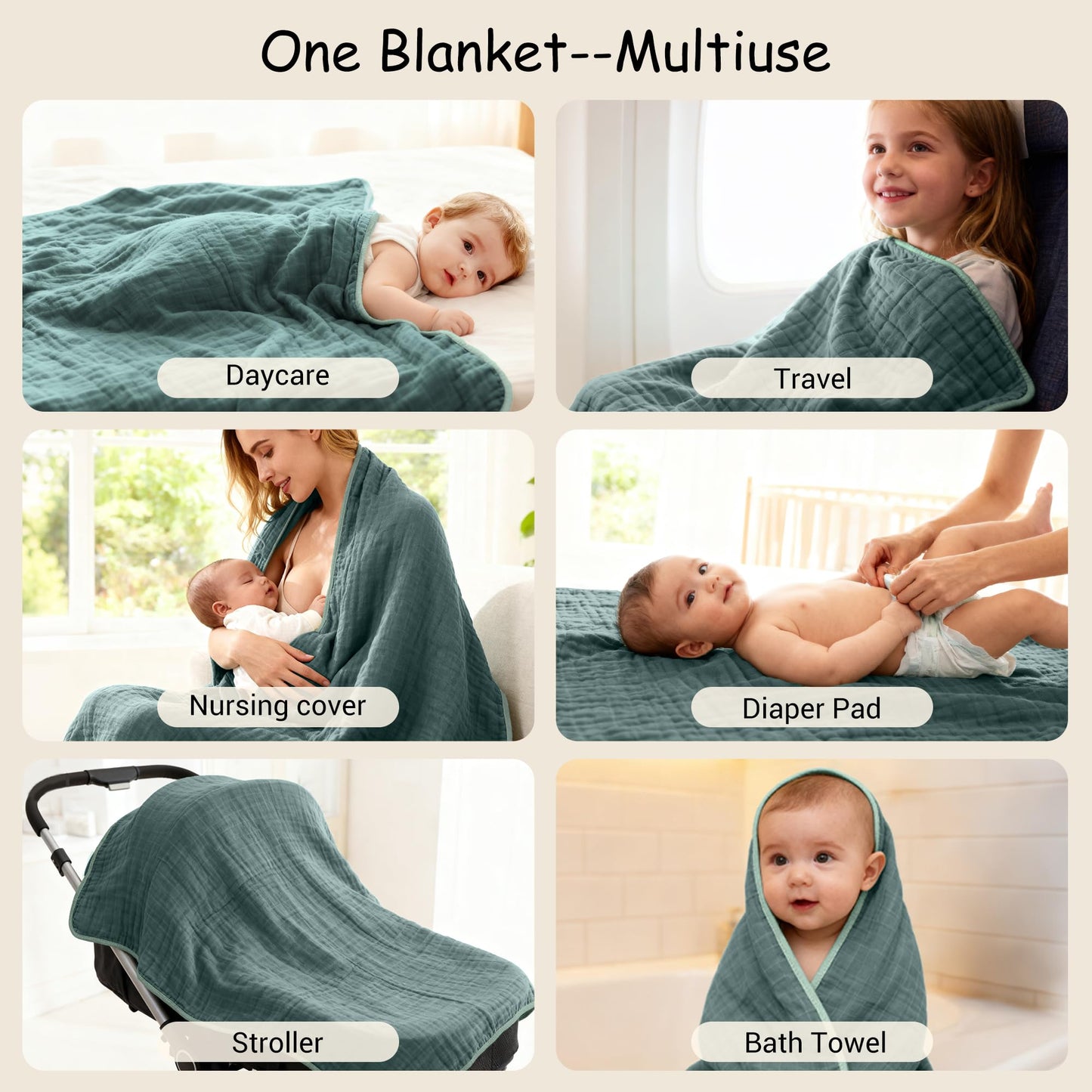 ZPECC Muslin Toddler Blanket Thicker, 47x47 Organic Cotton Kids Quilt Hypoallergenic for Baby Essentials Crib Stroller Daycare Cot, Dark Green
