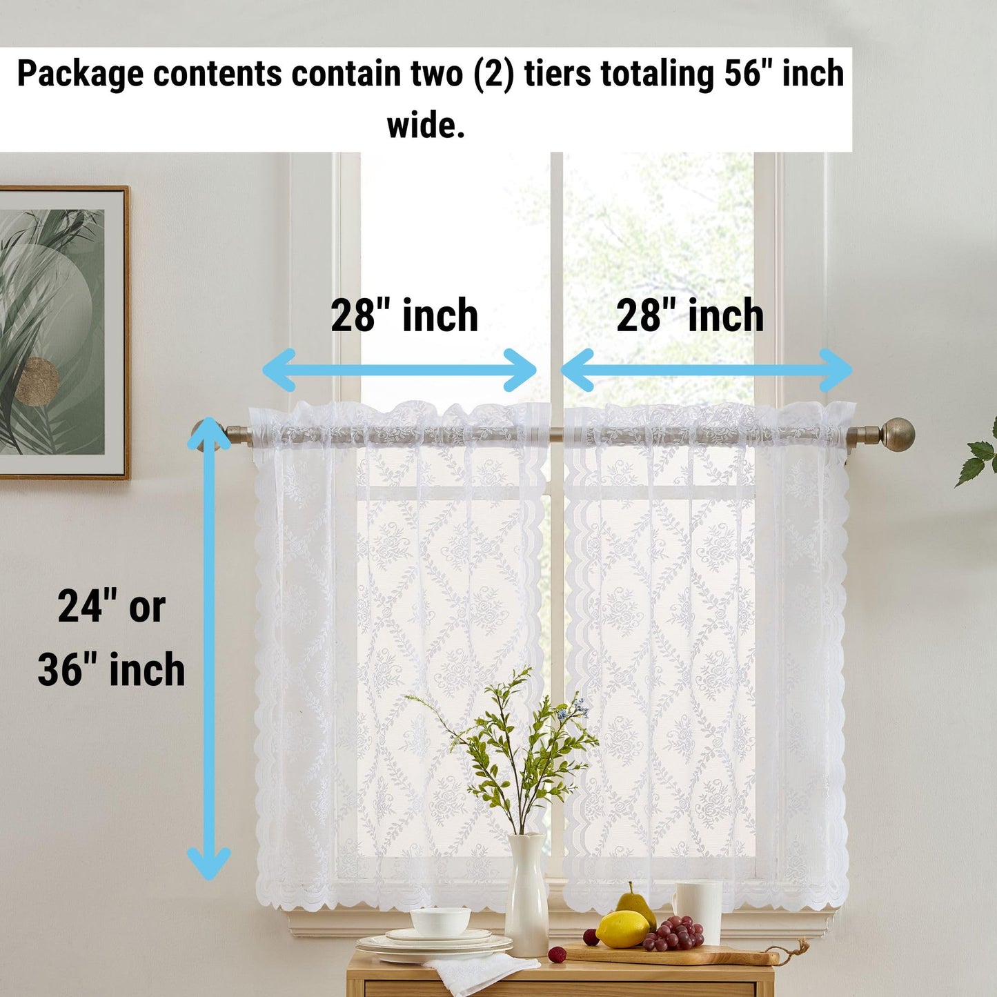 HLC.ME Isabella Floral Rod Pocket Lace Semi Sheer Voile Short Cafe Tiers for Small Windows - 28 x 36 Inch Length (White Tiers, Set of 2)