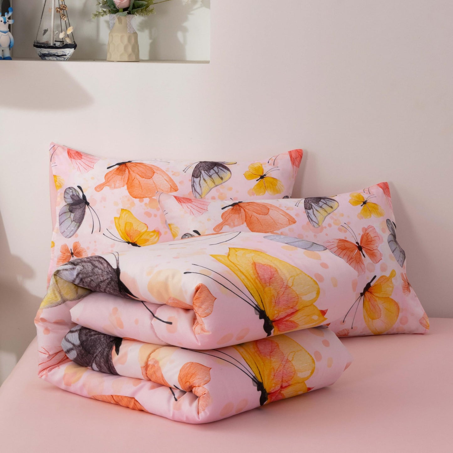Btargot 3 Piece Butterfly Pattern Girls Comforter Set, Colorful Ink Stick Printing Bedding Set for Women, Orange Full