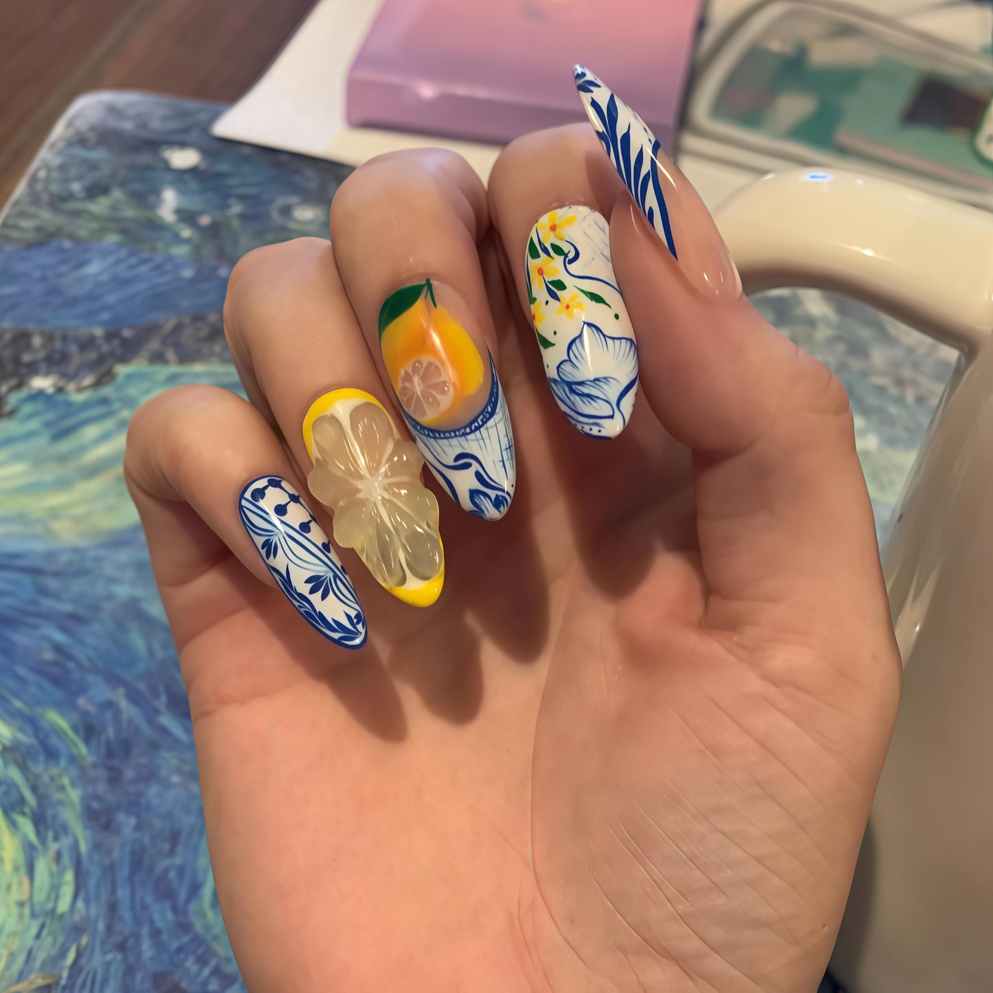 Handcrafted Press On Nails Italian Vacation Style Lemon & Blue Ceramic Pattern 100% Handmade Realistic Artistic Fake Nails With Adhesive Glue Tabs And Tool Gifts For Women (Hand-Painted Lemon,Long M)
