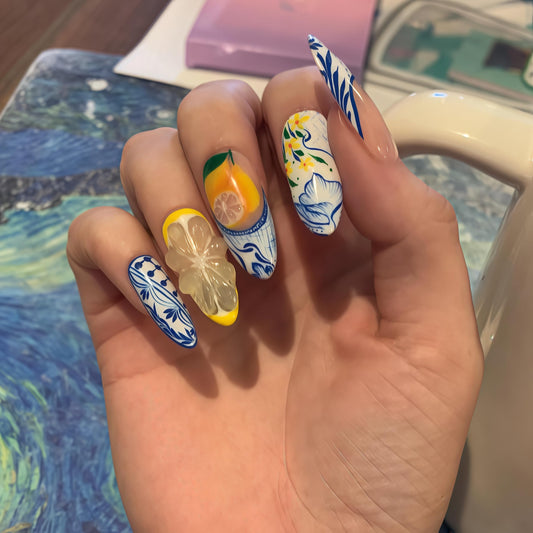 Handcrafted Press On Nails Italian Vacation Style Lemon & Blue Ceramic Pattern 100% Handmade Realistic Artistic Fake Nails With Adhesive Glue Tabs And Tool Gifts For Women (Hand-Painted Lemon,Long M)